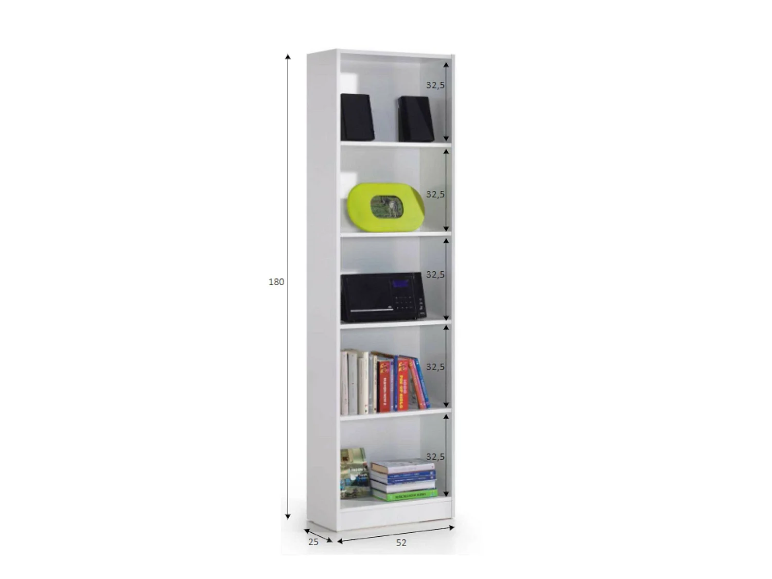 Libreria Pomona, Mobile portalibri alta a 5 ripiani, Scaffale da ufficio o cameretta, Scaffale moderno con scomparti, 52x25h80 cm, Bianco
