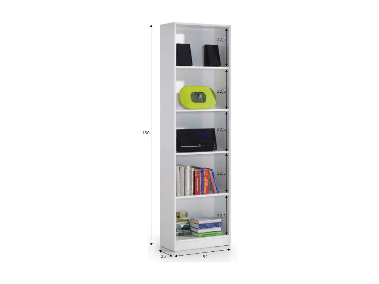 Libreria Pomona, Mobile portalibri alta a 5 ripiani, Scaffale da ufficio o cameretta, Scaffale moderno con scomparti, 52x25h80 cm, Bianco