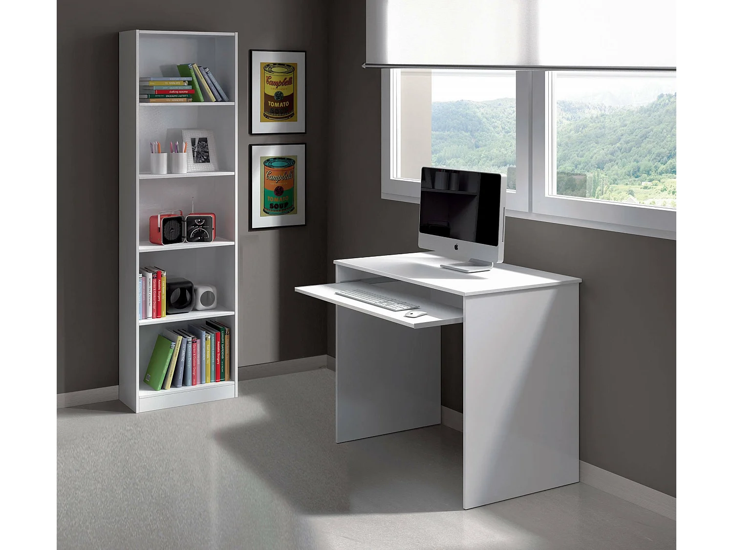 Libreria Pomona, Mobile portalibri alta a 5 ripiani, Scaffale da ufficio o cameretta, Scaffale moderno con scomparti, 52x25h80 cm, Bianco