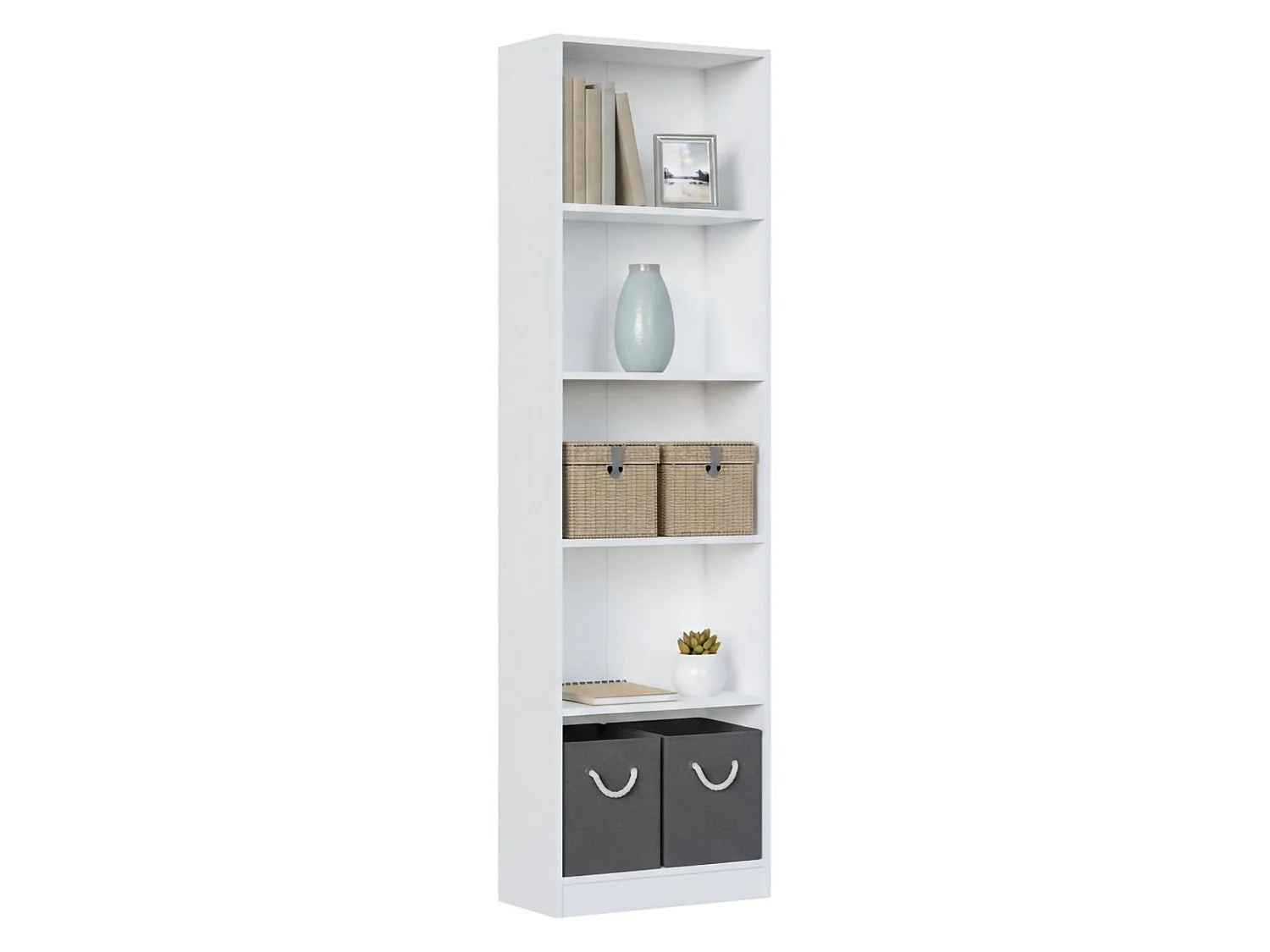 Libreria Pomona, Mobile portalibri alta a 5 ripiani, Scaffale da ufficio o cameretta, Scaffale moderno con scomparti, 52x25h80 cm, Bianco