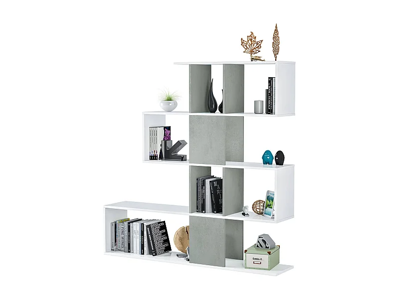 Pueblo-Bücherregal, Bücherregal mit 7 Fächern, modernes Büroregal, Wandschrank mit Regalen, 145 x 29 x 145 cm, WeiÃŸ und Zement