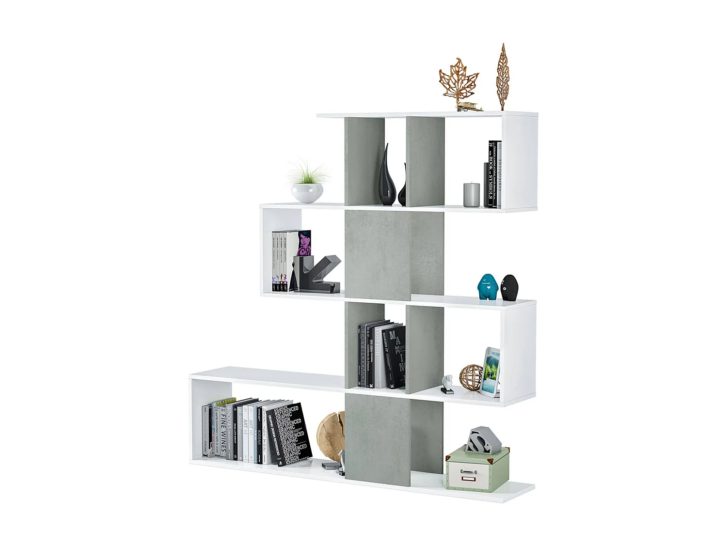 Pueblo-Bücherregal, Bücherregal mit 7 Fächern, modernes Büroregal, Wandschrank mit Regalen, 145 x 29 x 145 cm, WeiÃŸ und Zement