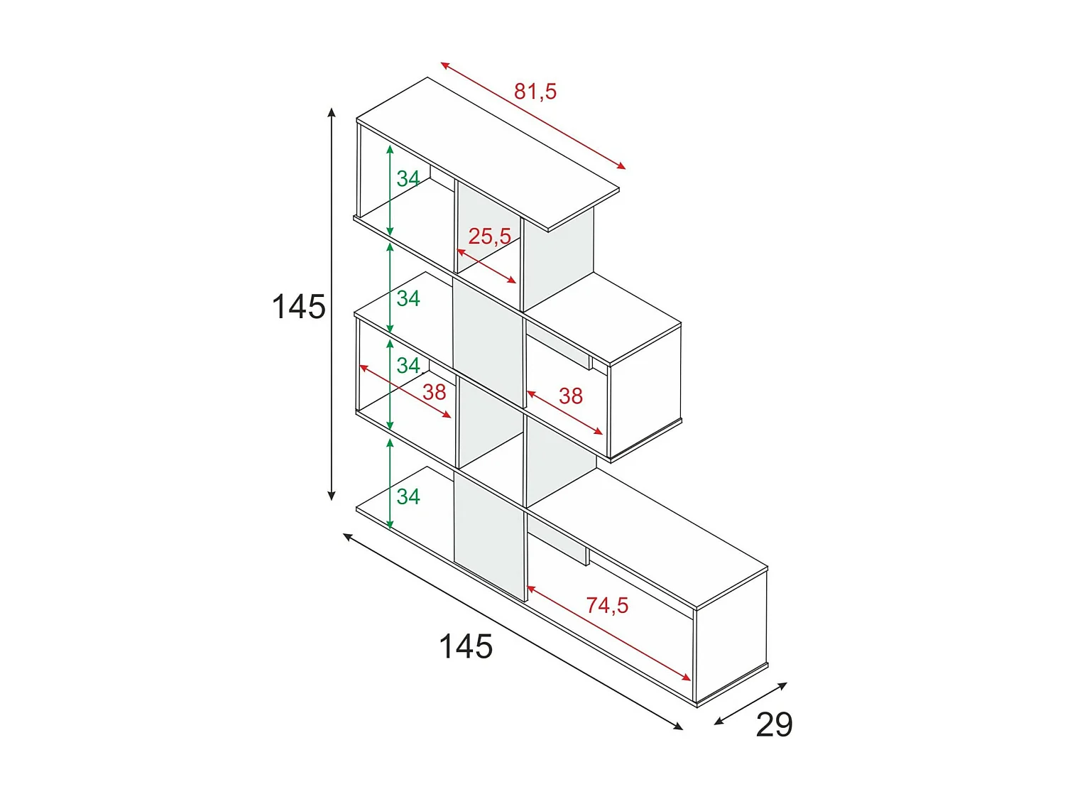 Libreria Pueblo, Mobile portalibri con 7 scomparti, Scaffale moderno da ufficio, Mobile da parete con ripiani, 145x29h145 cm, Bianco e Cemento