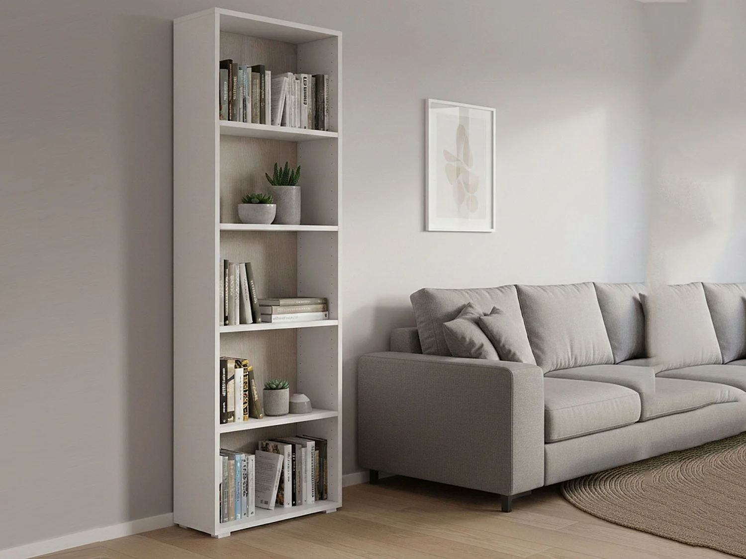 Bibliothèque Girasole, Bibliothèque avec 4 étagères réglables, Étagère à livres, Élément mural avec étagères, 100% Made in Italy, 60x30h195 cm, Blanc et Chêne