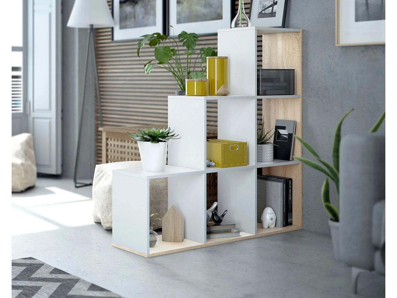 Cincinnati-Bücherregal, doppelseitiges Bücherregal mit 6 Fächern, Büro-Trennregal, 108 x 28 x 110 cm, WeiÃŸ und Eiche