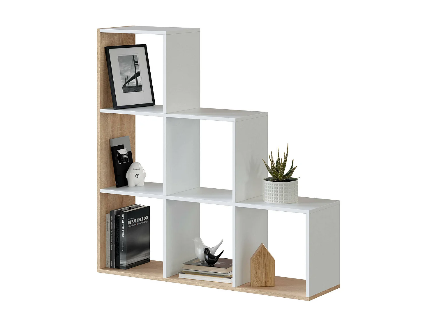 Cincinnati-Bücherregal, doppelseitiges Bücherregal mit 6 Fächern, Büro-Trennregal, 108 x 28 x 110 cm, WeiÃŸ und Eiche