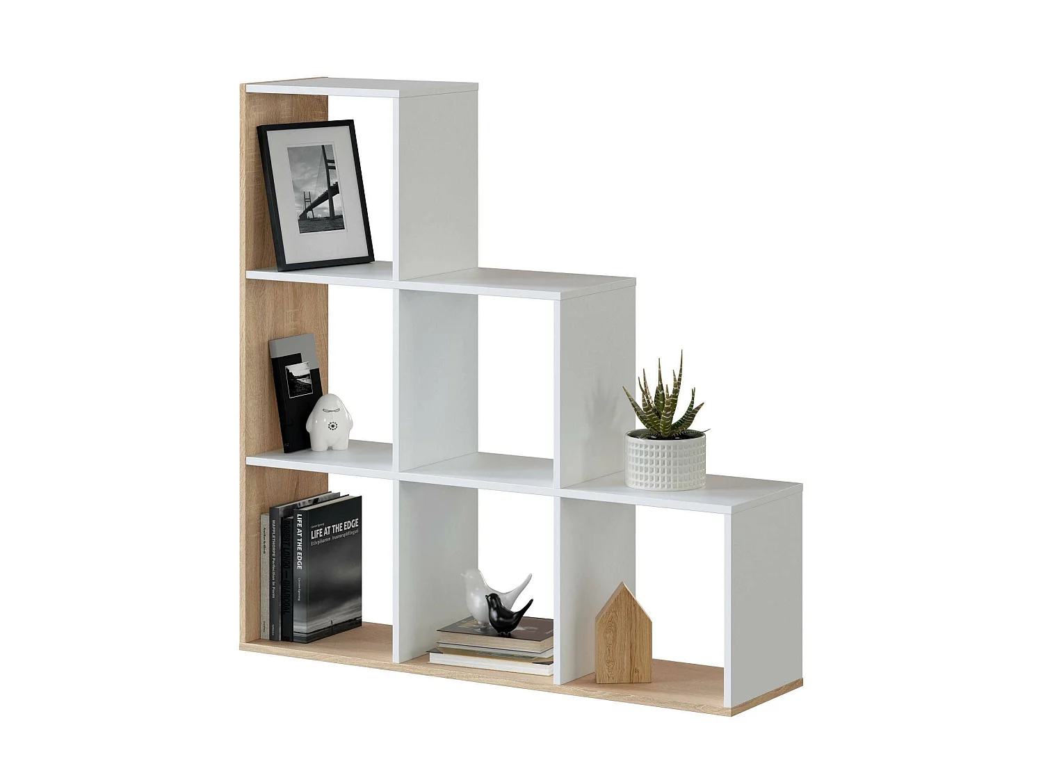Bibliothèque Cincinnati, Bibliothèque double face avec 6 compartiments, Etagère de séparation de bureau, 108x28h110 cm, Blanc et Chêne
