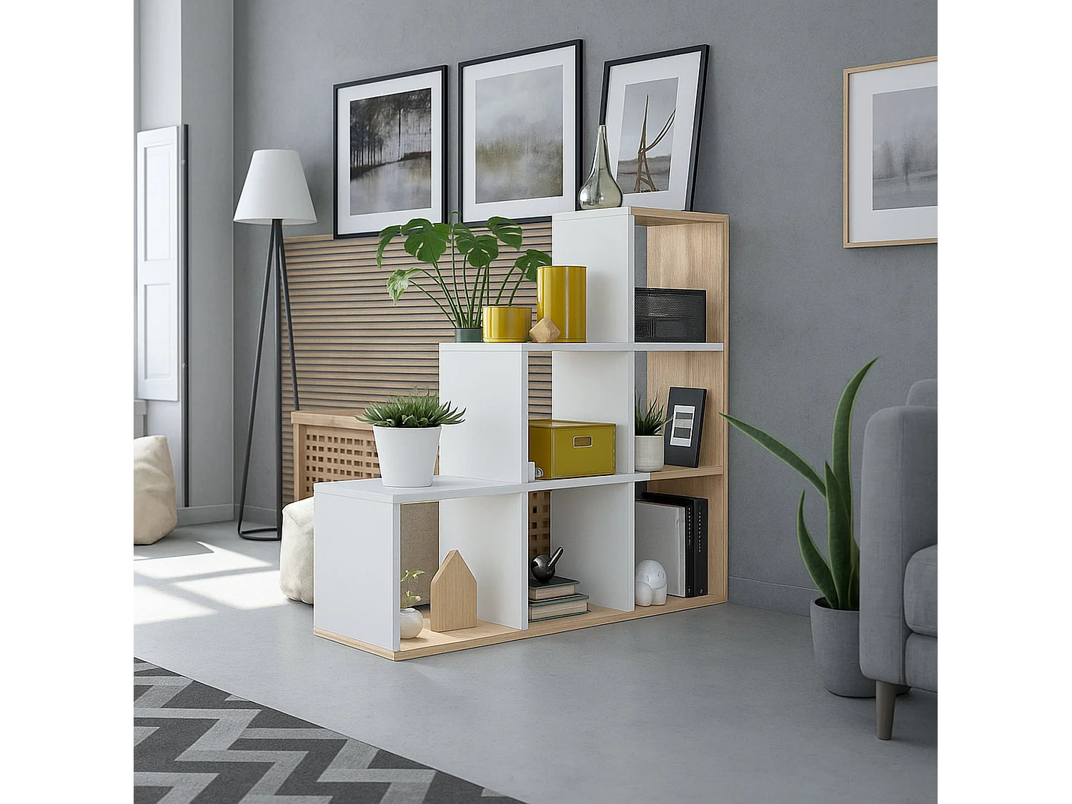 Bibliothèque Cincinnati, Bibliothèque double face avec 6 compartiments, Etagère de séparation de bureau, 108x28h110 cm, Blanc et Chêne