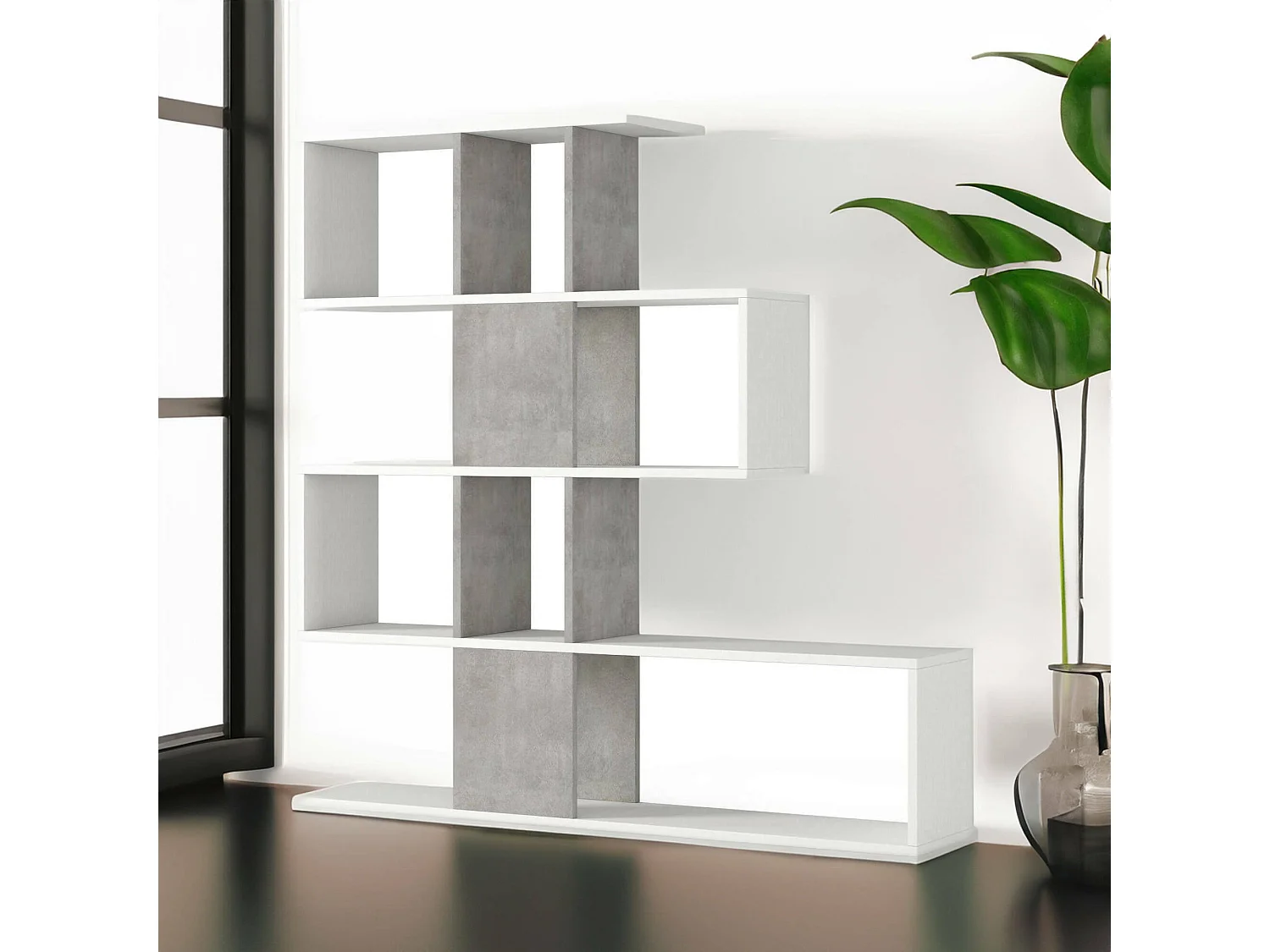 Hoya boekenkast, Dubbelzijdige bibliotheek met 5 planken, Zigzag plank voor boeken, Bovenkast met planken, 100% Made in Italy, 145x29h145 cm, Wit en Cement