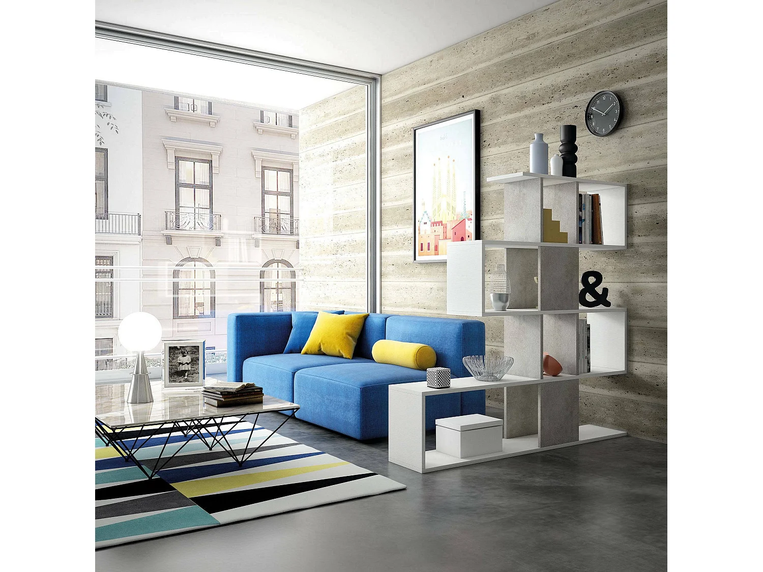 Hoya boekenkast, Dubbelzijdige bibliotheek met 5 planken, Zigzag plank voor boeken, Bovenkast met planken, 100% Made in Italy, 145x29h145 cm, Wit en Cement