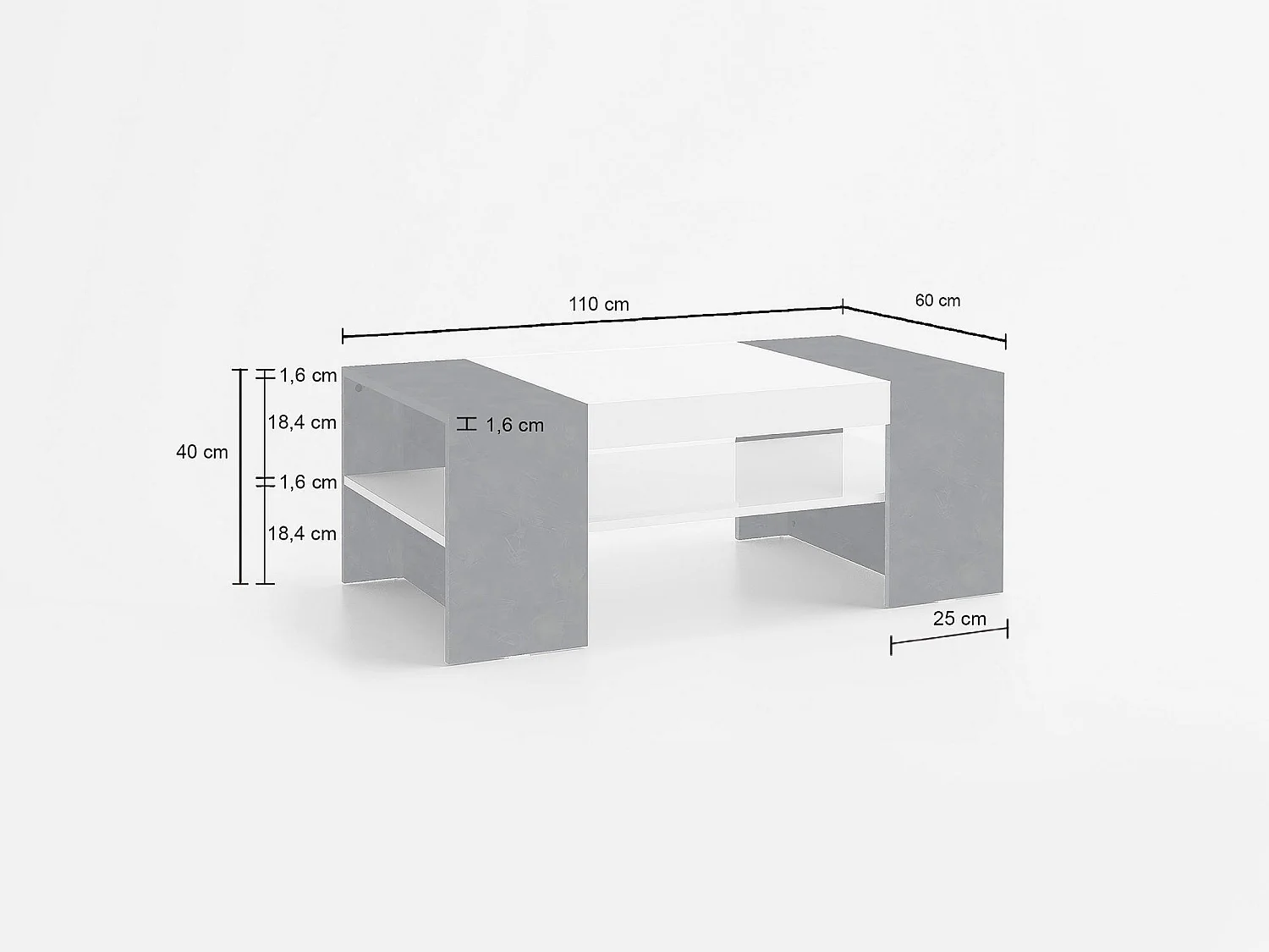 Mesa de centro Jonni, Mesa de centro baixa, Porta-revistas, 100% Fabricado na Itália, 110x60h40 cm, Branco brilhante e ardósia