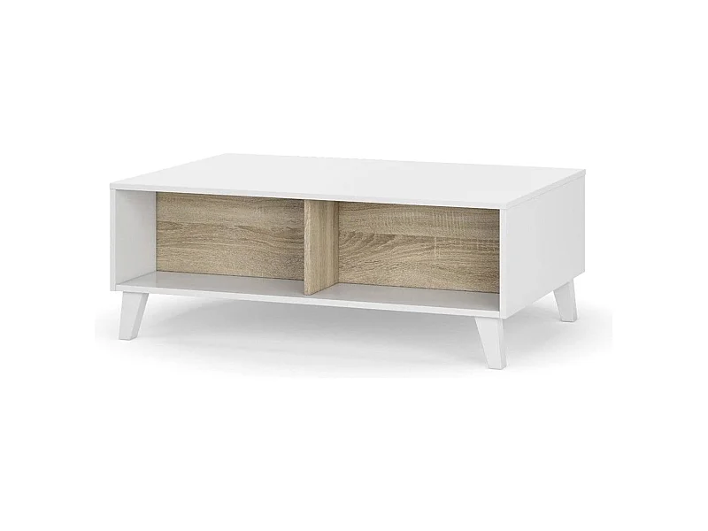 Lincoln salontafel, Salontafel met verhoogd blad, Lage woonkamertafel, 100x68h38 cm, Glanzend wit en eiken