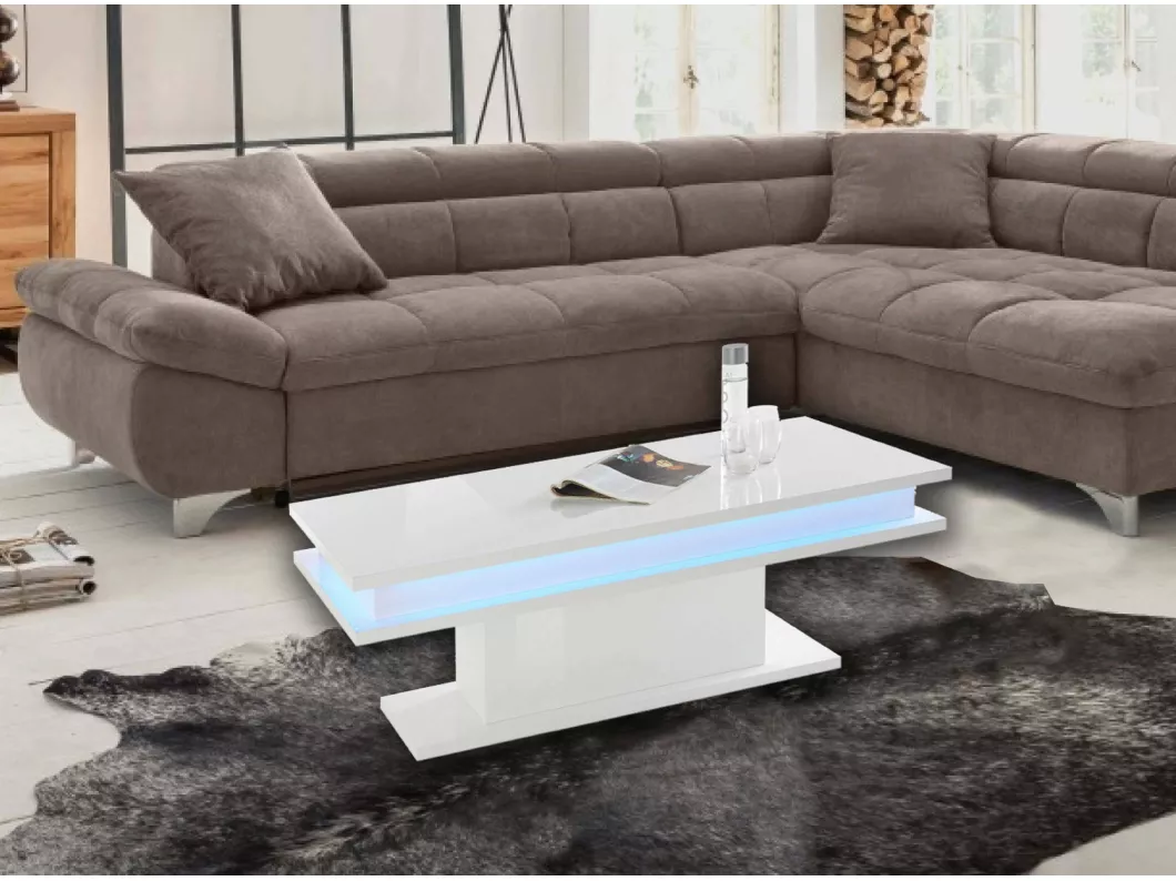 Kauf Unique Couchtisch Leon, niedriger Couchtisch, Zeitungsständer, 100 % Made in Italy, 100 x 55 x 42 cm, glänzend weiß mit LED-Licht,