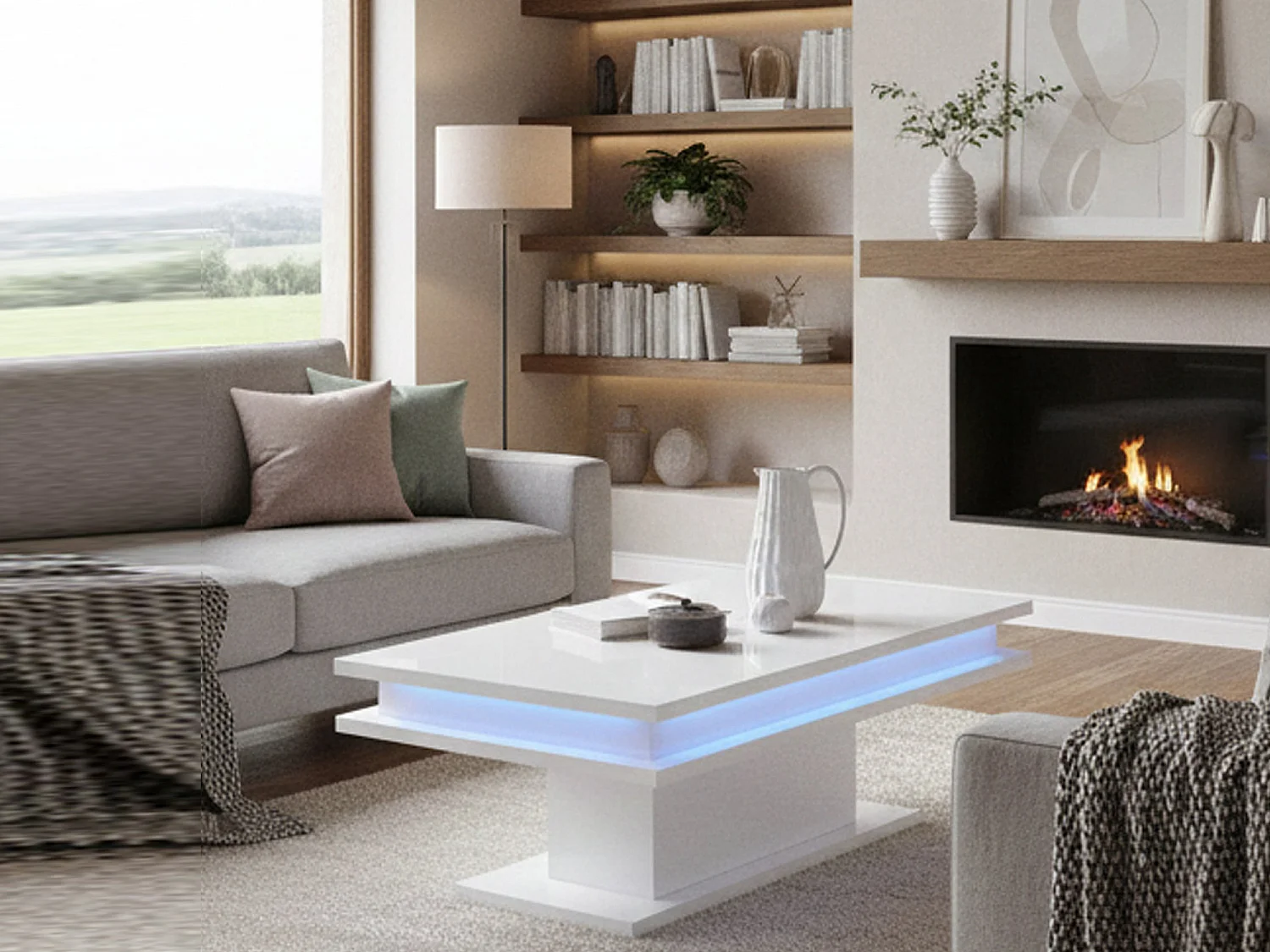 Mesa de centro Leon, Mesa de centro baixa, Porta-revistas, 100% Fabricado na Itália, 100x55h42 cm, Branco brilhante com luz LED