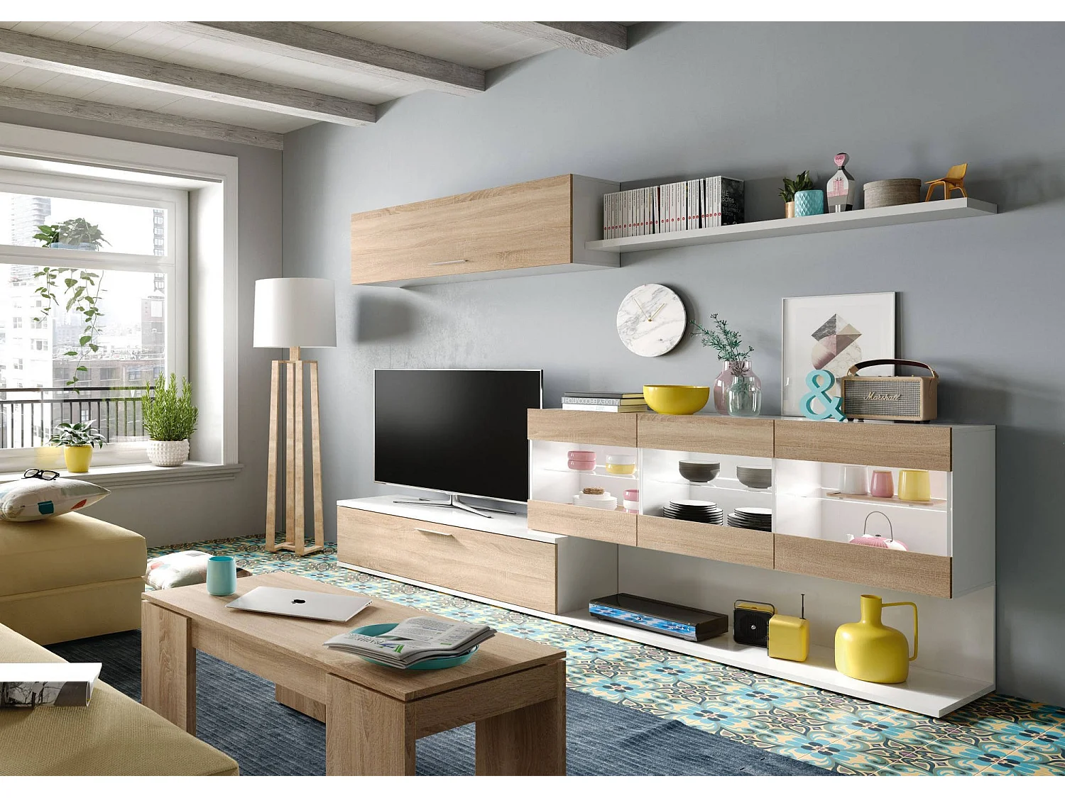 Mesa de centro Malibu, Mesa de centro con tapa elevable, Mesa baja de salón, 100x50h43/84 cm, Roble