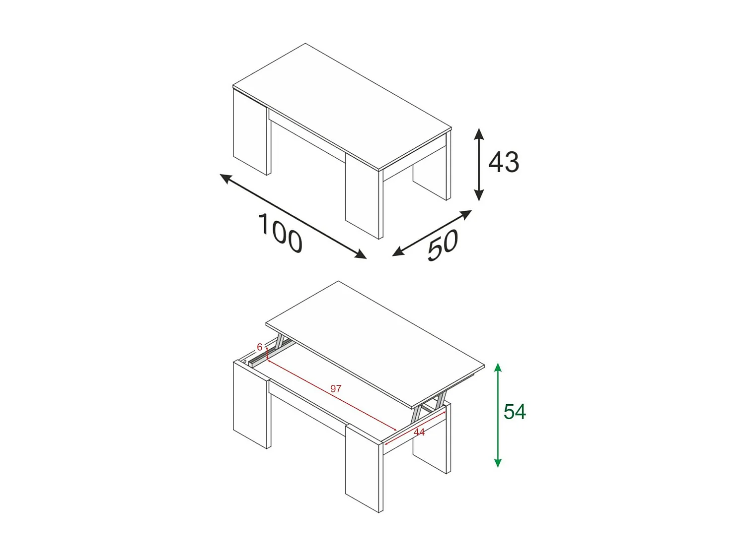 Mesa de centro Malibu, Mesa de centro com tampo elevatório, Mesa baixa de sala, 100x50h43/84 cm, Carvalho