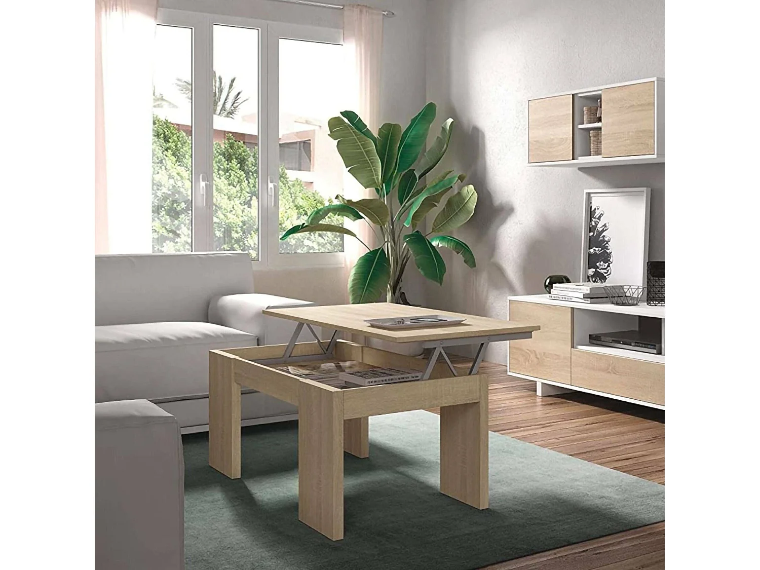 Mesa de centro Malibu, Mesa de centro com tampo elevatório, Mesa baixa de sala, 100x50h43/84 cm, Carvalho