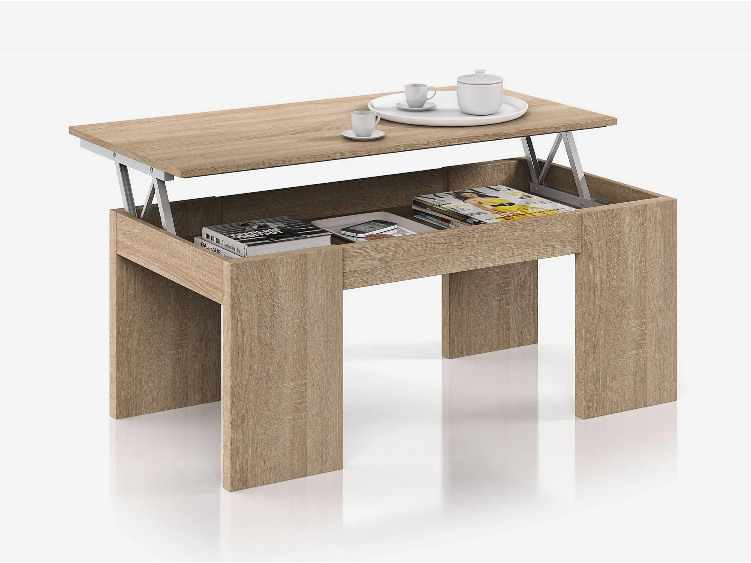 Mesa de centro Malibu, Mesa de centro com tampo elevatório, Mesa baixa de sala, 100x50h43/84 cm, Carvalho