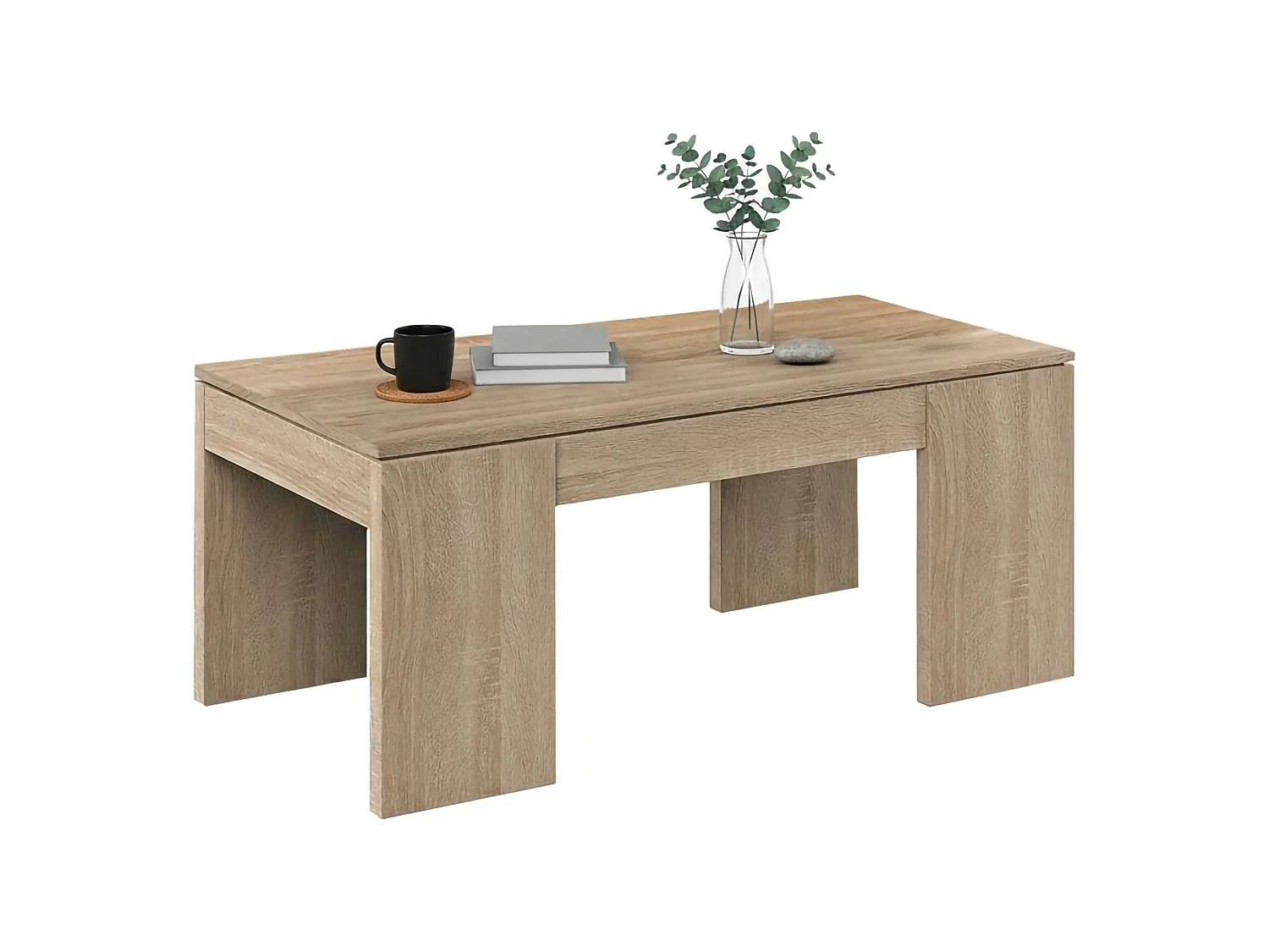 Mesa de centro Malibu, Mesa de centro con tapa elevable, Mesa baja de salón, 100x50h43/84 cm, Roble