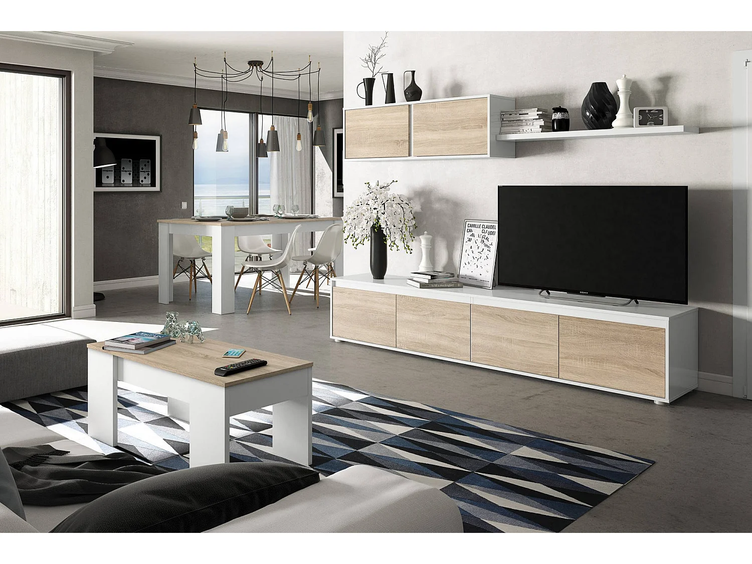 Oceanside salontafel, Salontafel met verhoogd blad, Lage woonkamertafel, 100x50h45/56 cm, Wit en Eiken