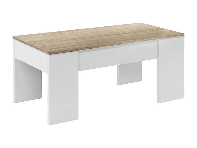Mesa de centro Oceanside, Mesa de centro com tampo elevável, Mesa baixa de sala, 100x50h45/56 cm, Branco e Carvalho
