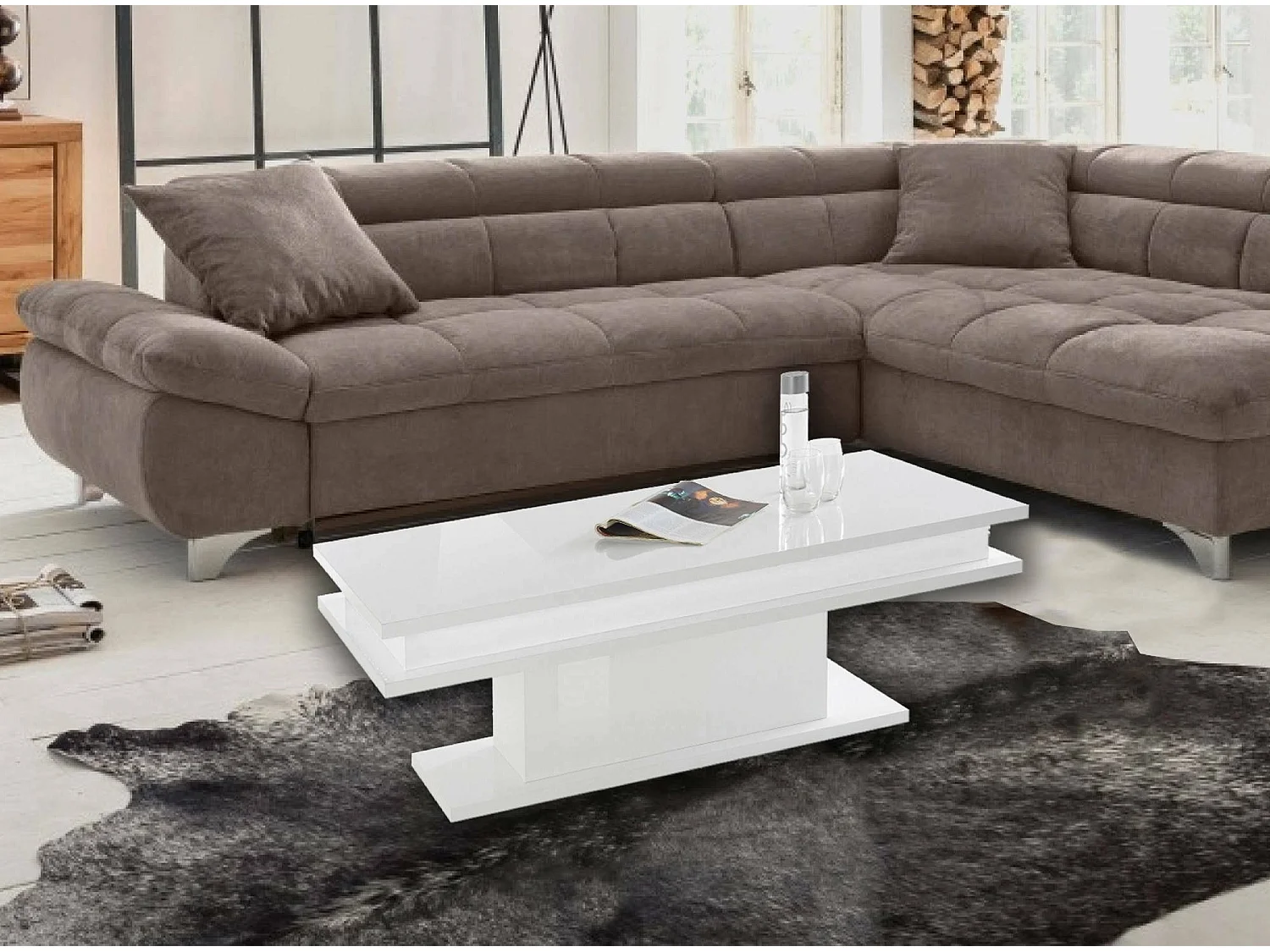Couchtisch Leon, niedriger Couchtisch, Zeitungsständer, 100 % Made in Italy, 100 x 55 x 42 cm, glänzend weiÃŸ,
