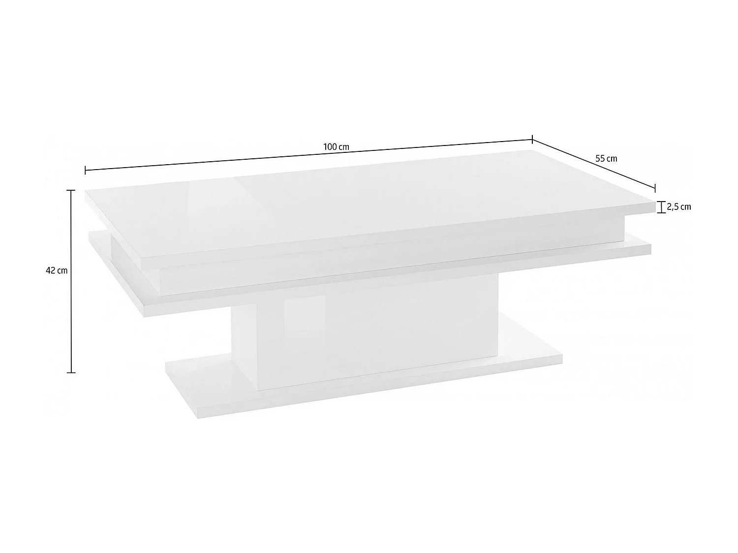Couchtisch Leon, niedriger Couchtisch, Zeitungsständer, 100 % Made in Italy, 100 x 55 x 42 cm, glänzend weiÃŸ,