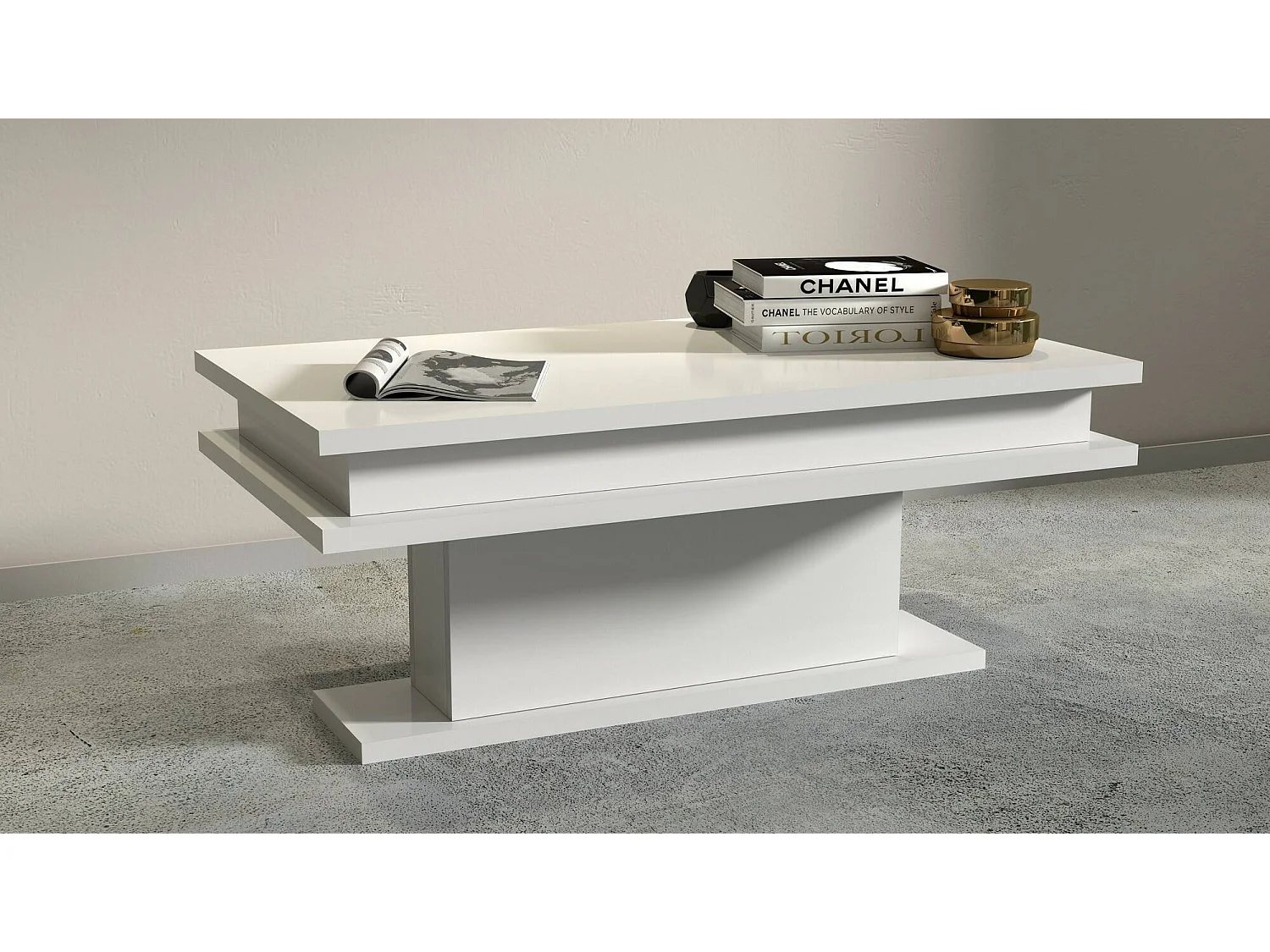 Couchtisch Leon, niedriger Couchtisch, Zeitungsständer, 100 % Made in Italy, 100 x 55 x 42 cm, glänzend weiÃŸ,