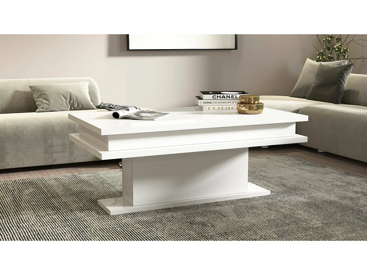 Couchtisch Leon, niedriger Couchtisch, Zeitungsständer, 100 % Made in Italy, 100 x 55 x 42 cm, glänzend weiÃŸ,