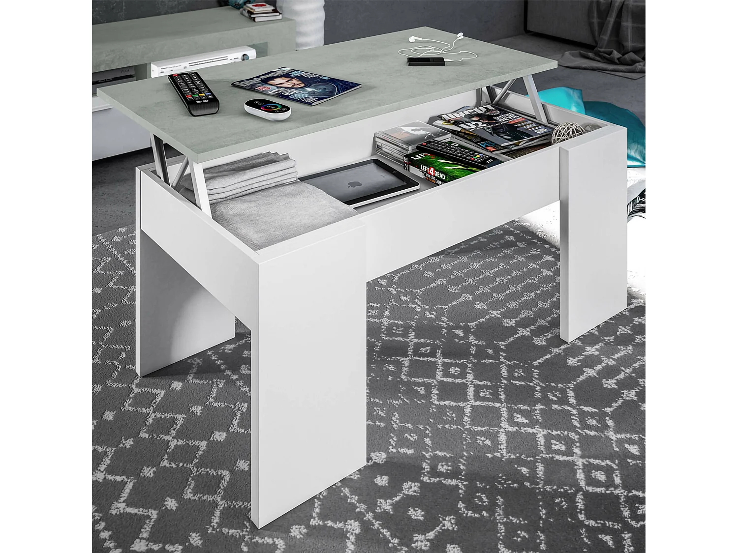 Table basse Oceanside, Table basse avec plateau élévateur, Table basse de salon, 100x50h45/56 cm, Blanc et béton