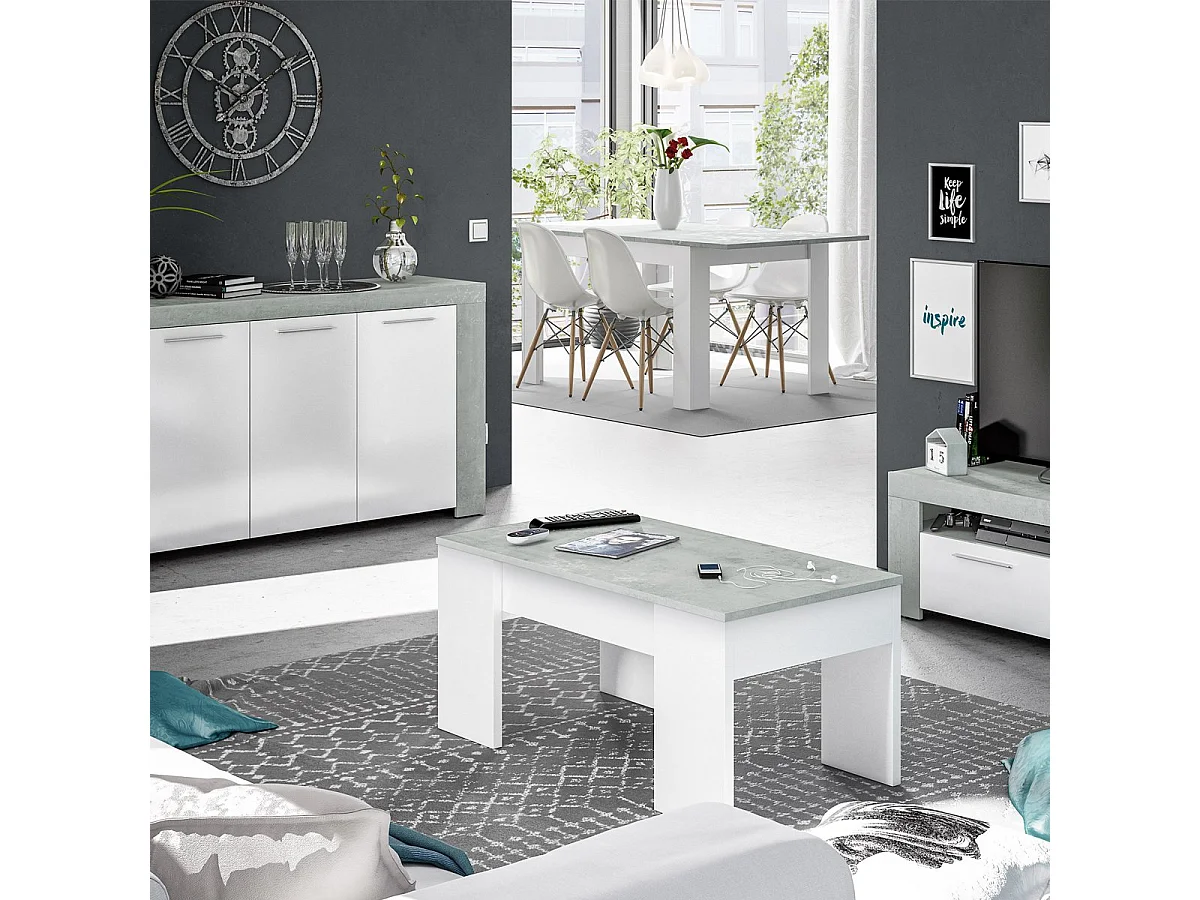 Mesa de centro Oceanside, Mesita con tapa elevable, Mesa baja de salón, 100x50h45/56 cm, Blanco y hormigón