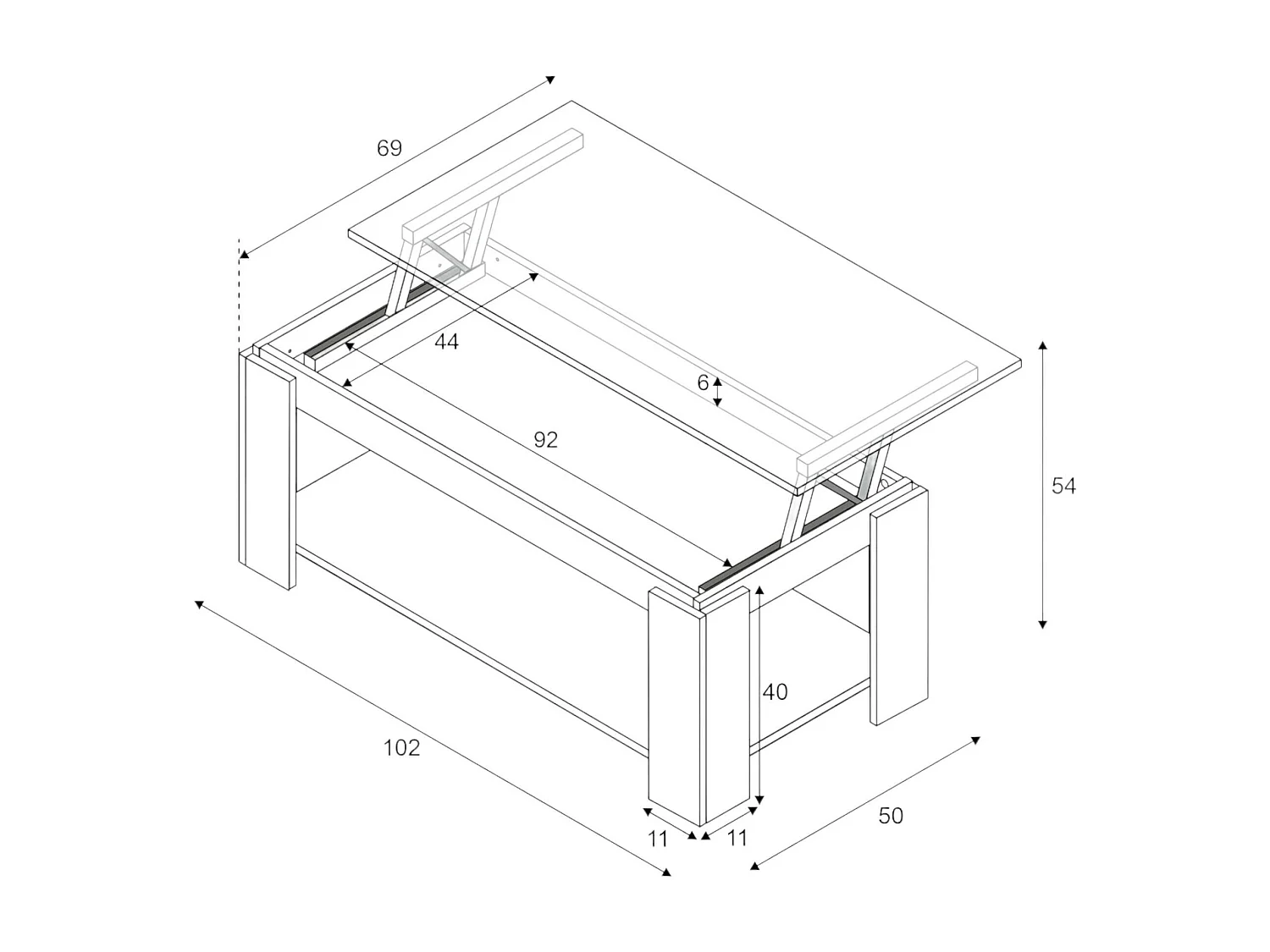Chicago Couchtisch, Couchtisch mit hochklappbarem Regal, Niedriger Wohnzimmertisch, 102x50h43/54 cm, MattweiÃŸ