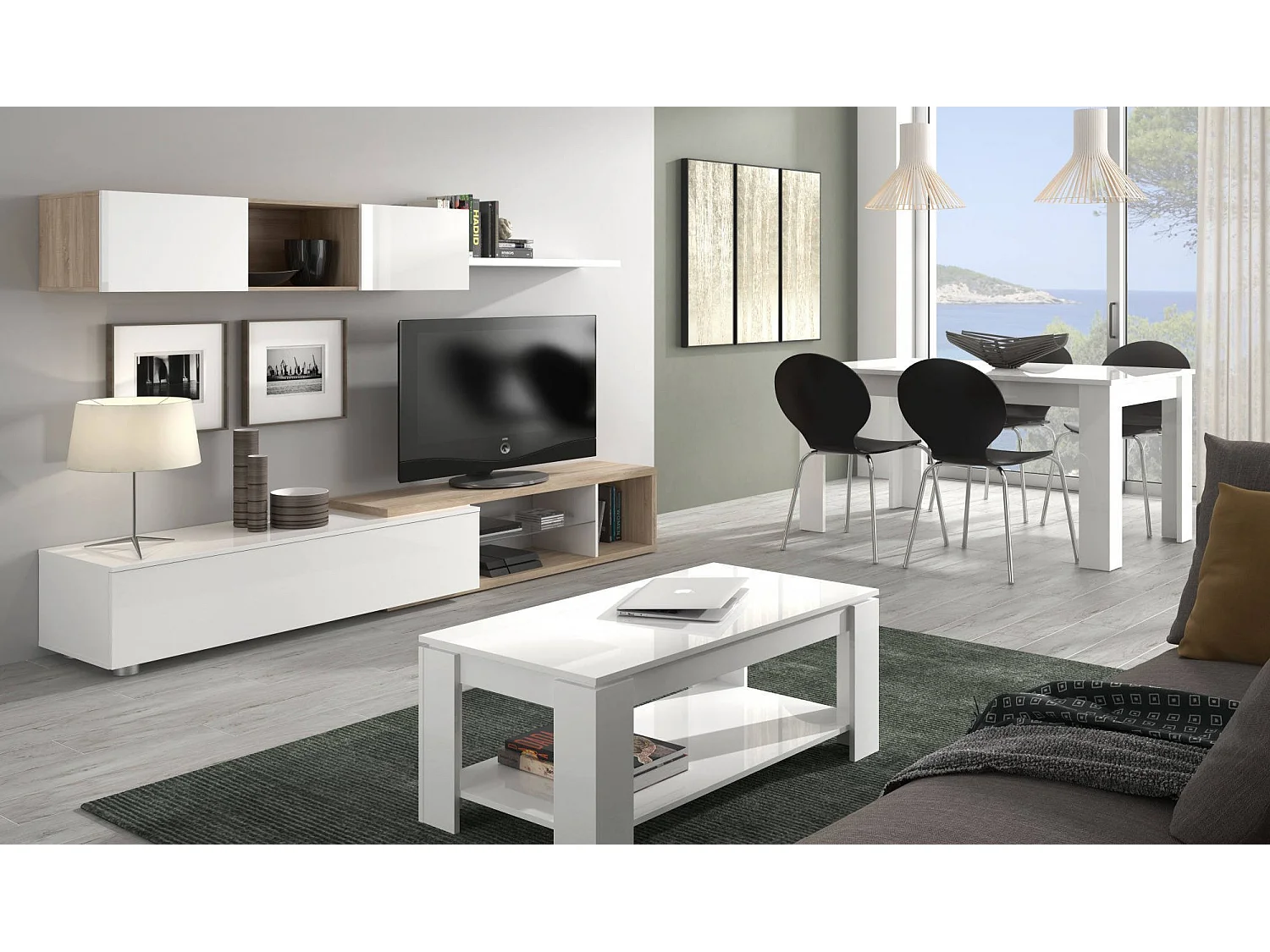 Chicago Couchtisch, Couchtisch mit hochklappbarem Regal, Niedriger Wohnzimmertisch, 102x50h43/54 cm, MattweiÃŸ