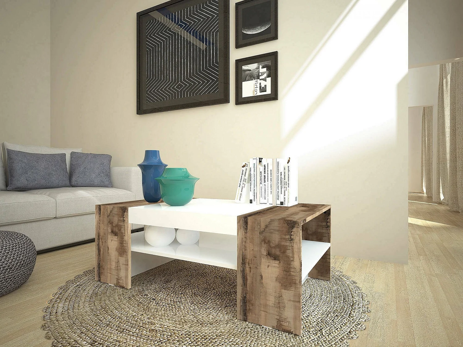 Table basse Jonni, Table basse, Porte-revues, 100% Made in Italy, 110x60h40 cm, Blanc brillant et Érable