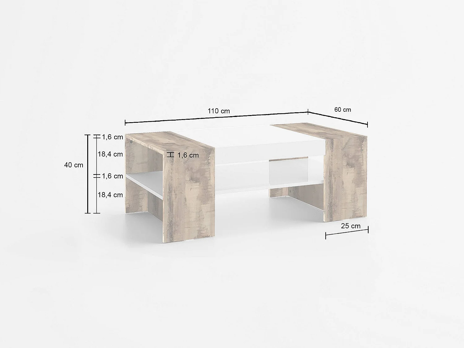 Table basse Jonni, Table basse, Porte-revues, 100% Made in Italy, 110x60h40 cm, Blanc brillant et Érable