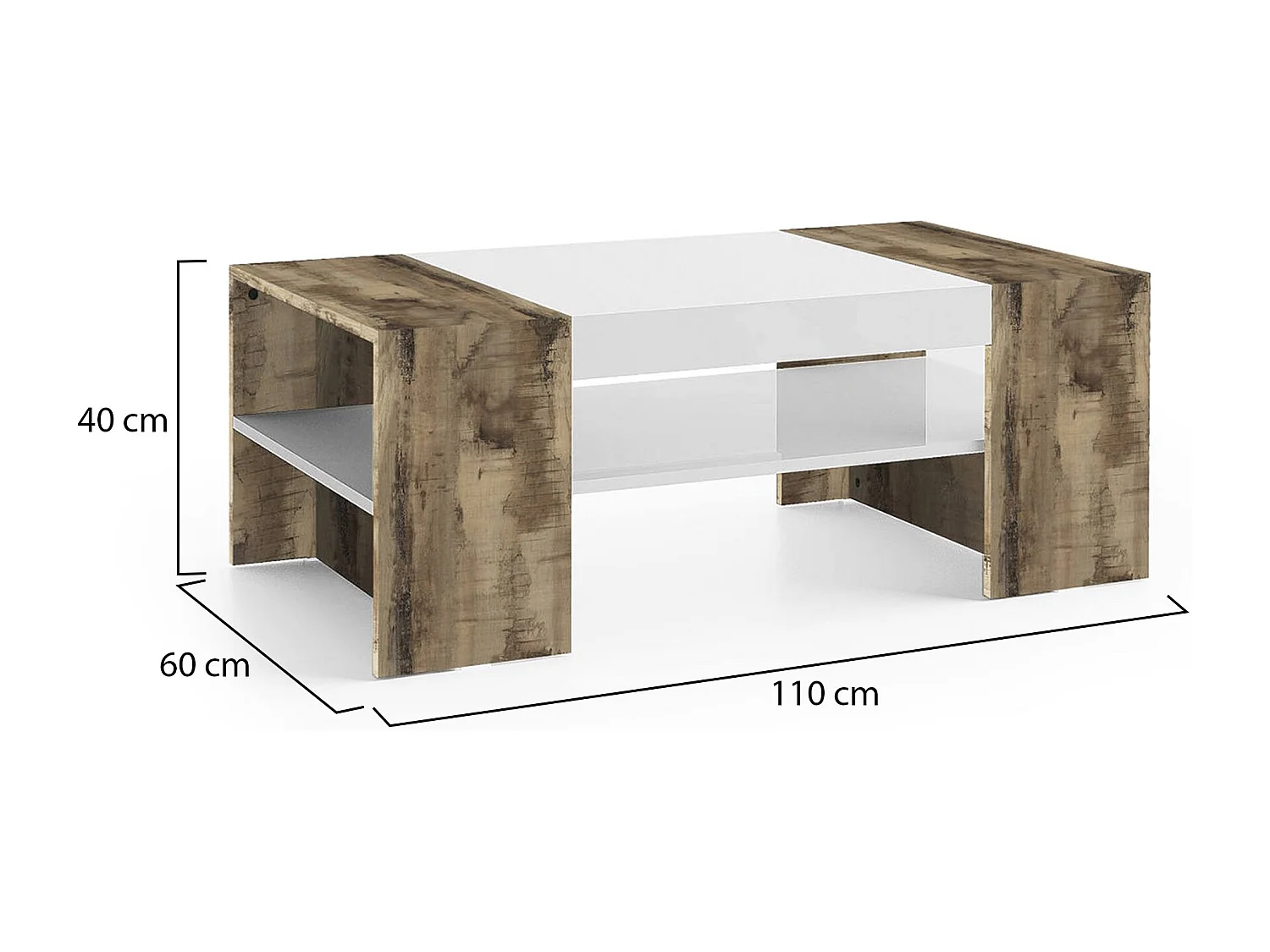 Table basse Jonni, Table basse, Porte-revues, 100% Made in Italy, 110x60h40 cm, Blanc brillant et Érable