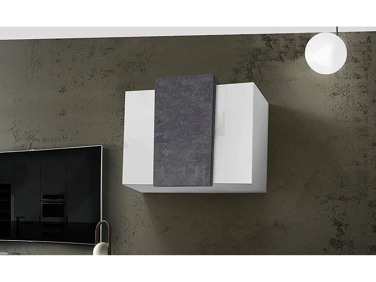 Armário suspenso Michael, Guarda-roupa multiuso, Armário de parede, 100% Fabricado na Itália, 90x38h66 cm, Branco brilhante e ardósia