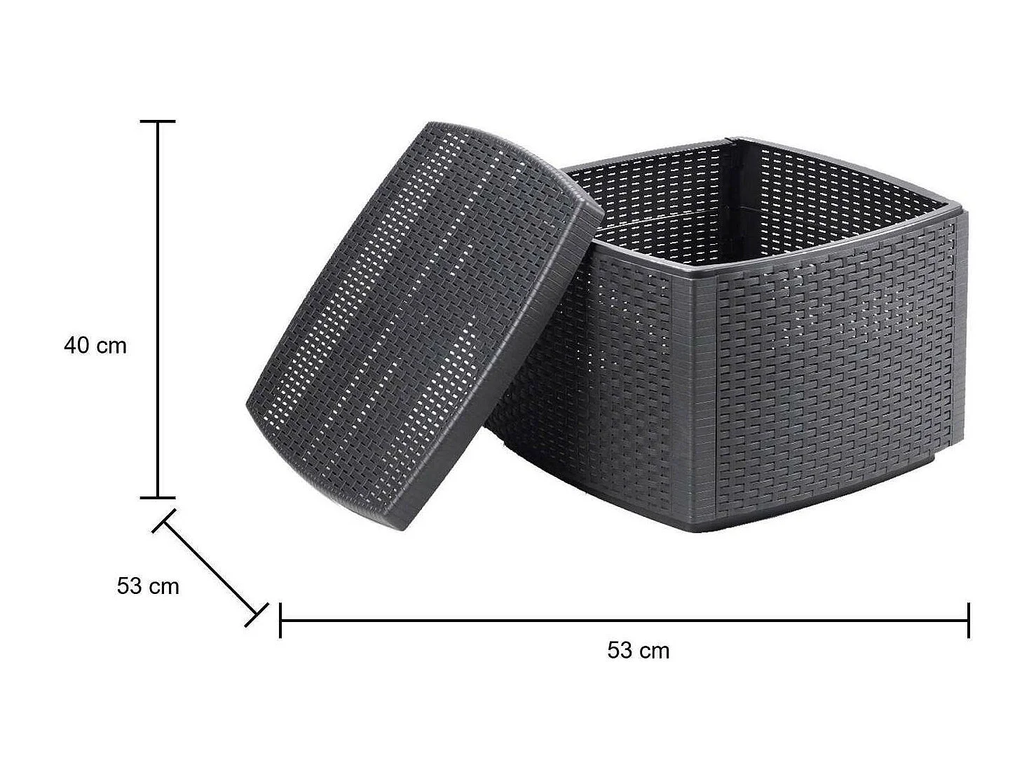 Tavolino da esterno Faenza, Tavolino contenitore multiuso, Ripiano basso effetto rattan, 100% Made in Italy, 53x53h40 cm, Antracite
