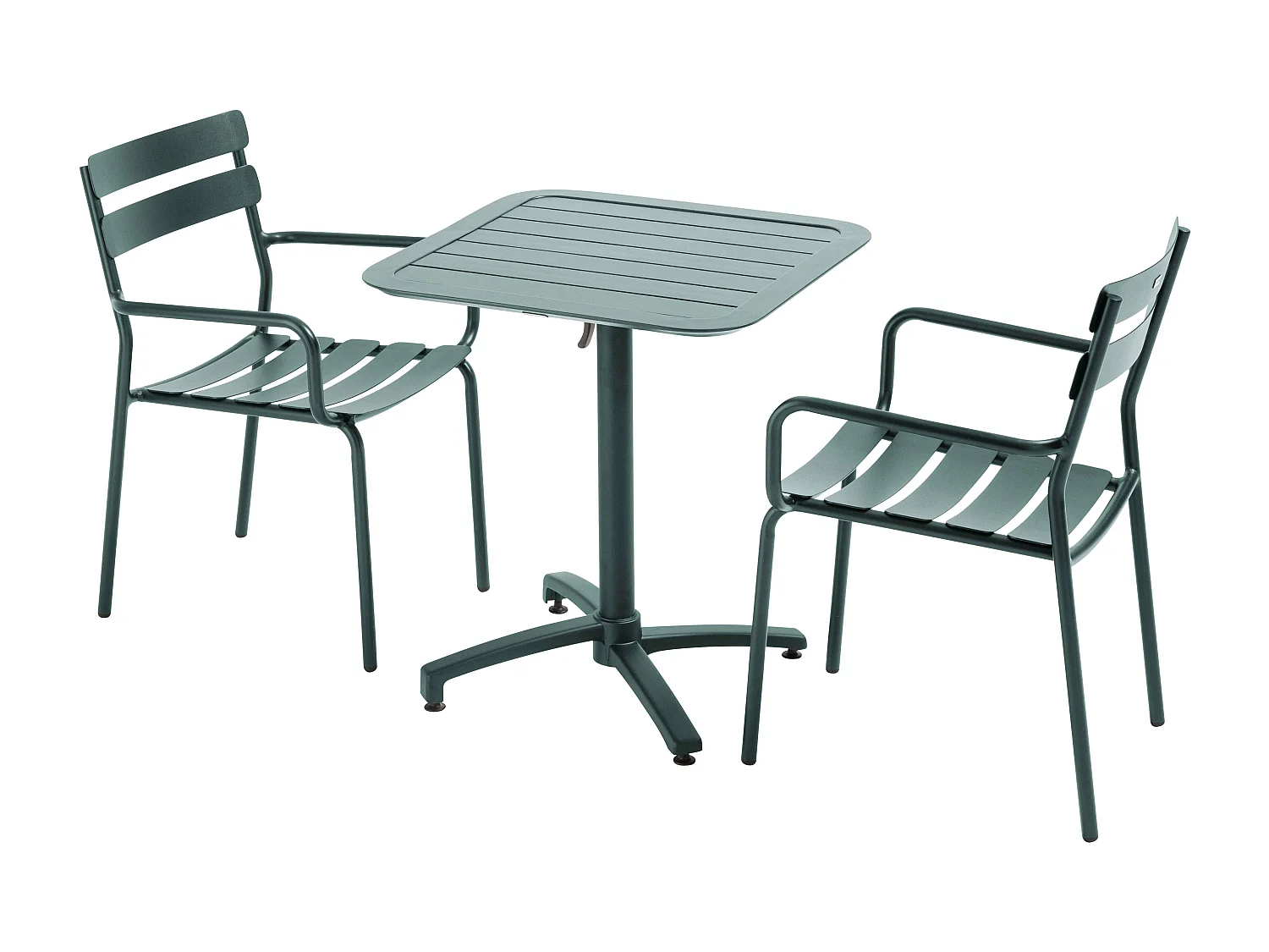 Ensemble table inclinable de terrasse 70 x 70 cm et 2 fauteuils vert