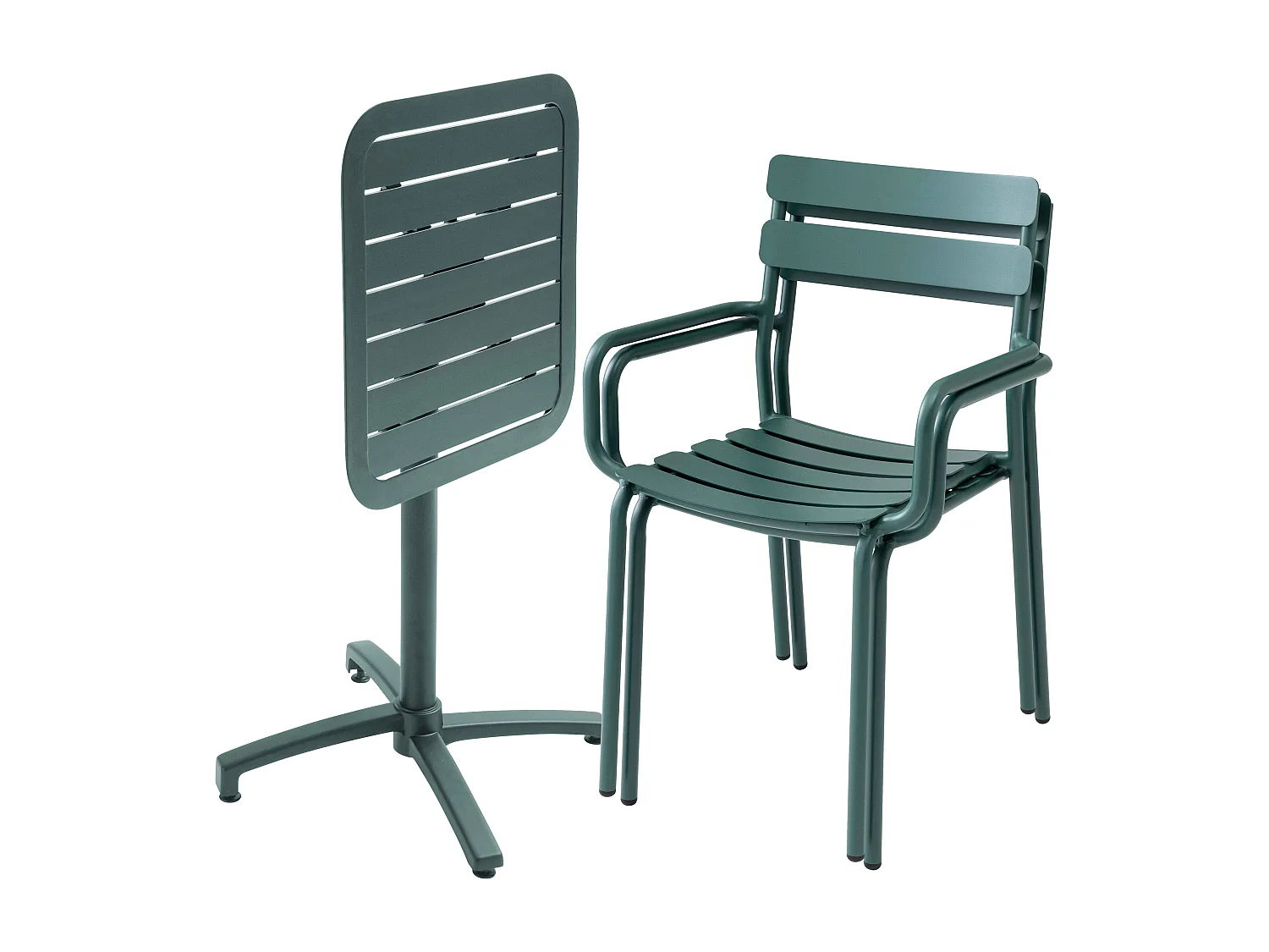 Ensemble table inclinable de terrasse 70 x 70 cm et 2 fauteuils vert