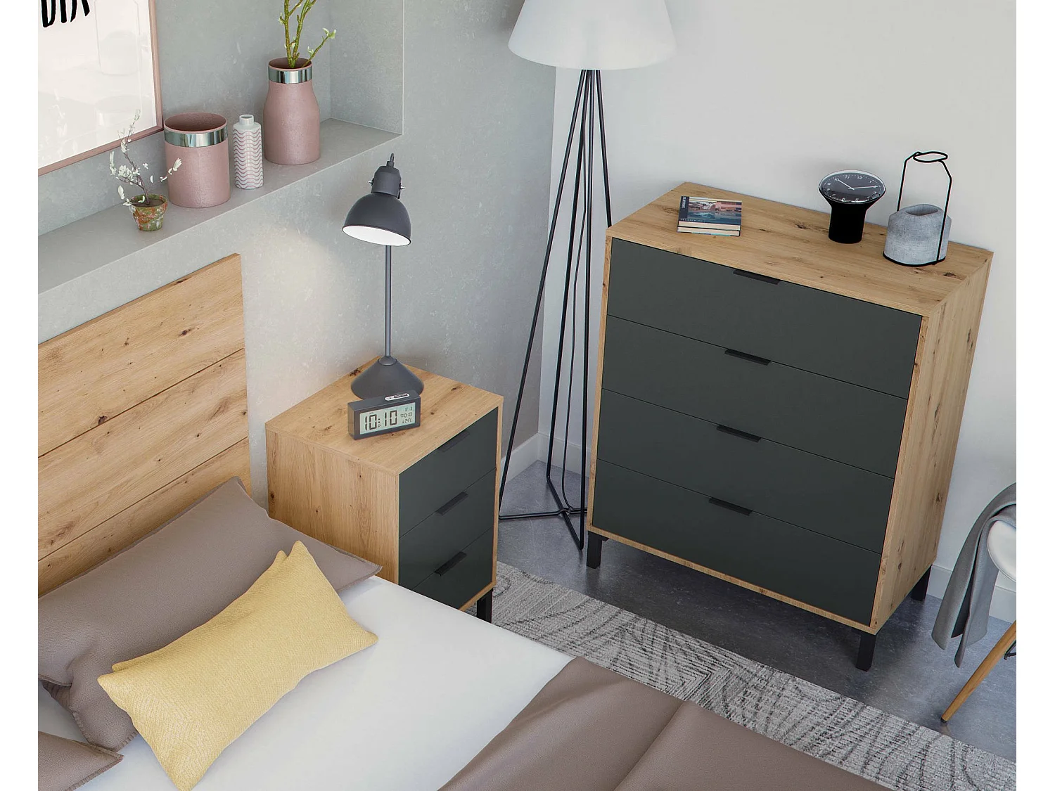 Rochester ladekast, Ladekast met 4 laden, Ladekast voor de slaapkamer, Moderne ladekast, 76x40h94 cm, Geknoopt eiken en antraciet