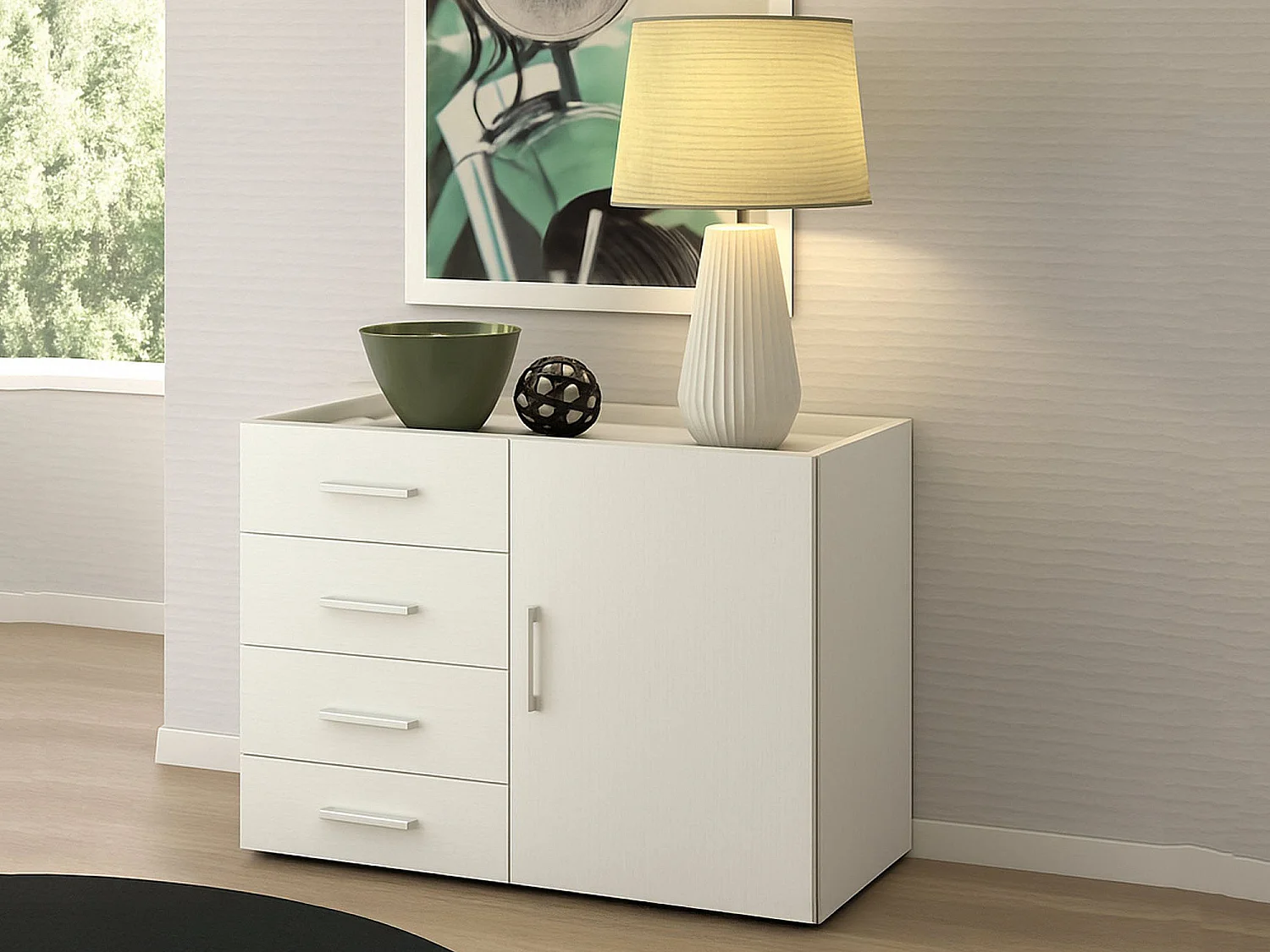 Buffet Violetta, Buffet avec 1 porte et 4 tiroirs, Buffet de salon, Armoire polyvalente avec étagères, 100% Made in Italy, 90x41h87 cm, Blanc