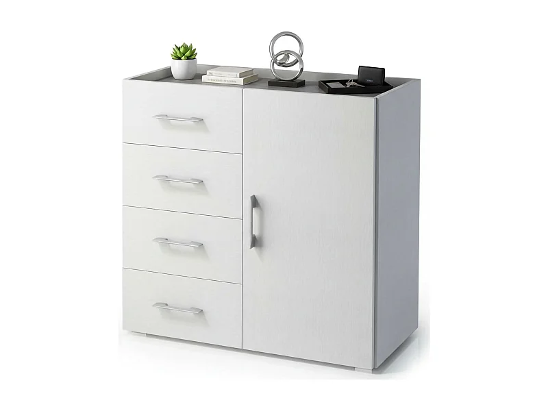 Buffet Violetta, Buffet avec 1 porte et 4 tiroirs, Buffet de salon, Armoire polyvalente avec étagères, 100% Made in Italy, 90x41h87 cm, Blanc