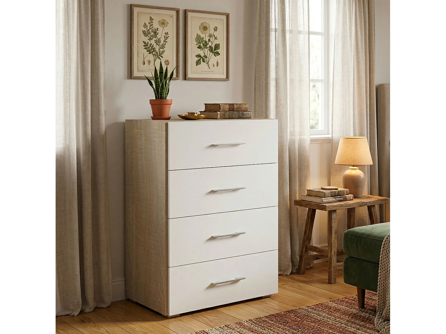 Commode Primula, Commode 4 tiroirs pour chambre à coucher, Bureau polyvalent ou meuble d'étude, 60x41h87 cm, Chêne et Blanc