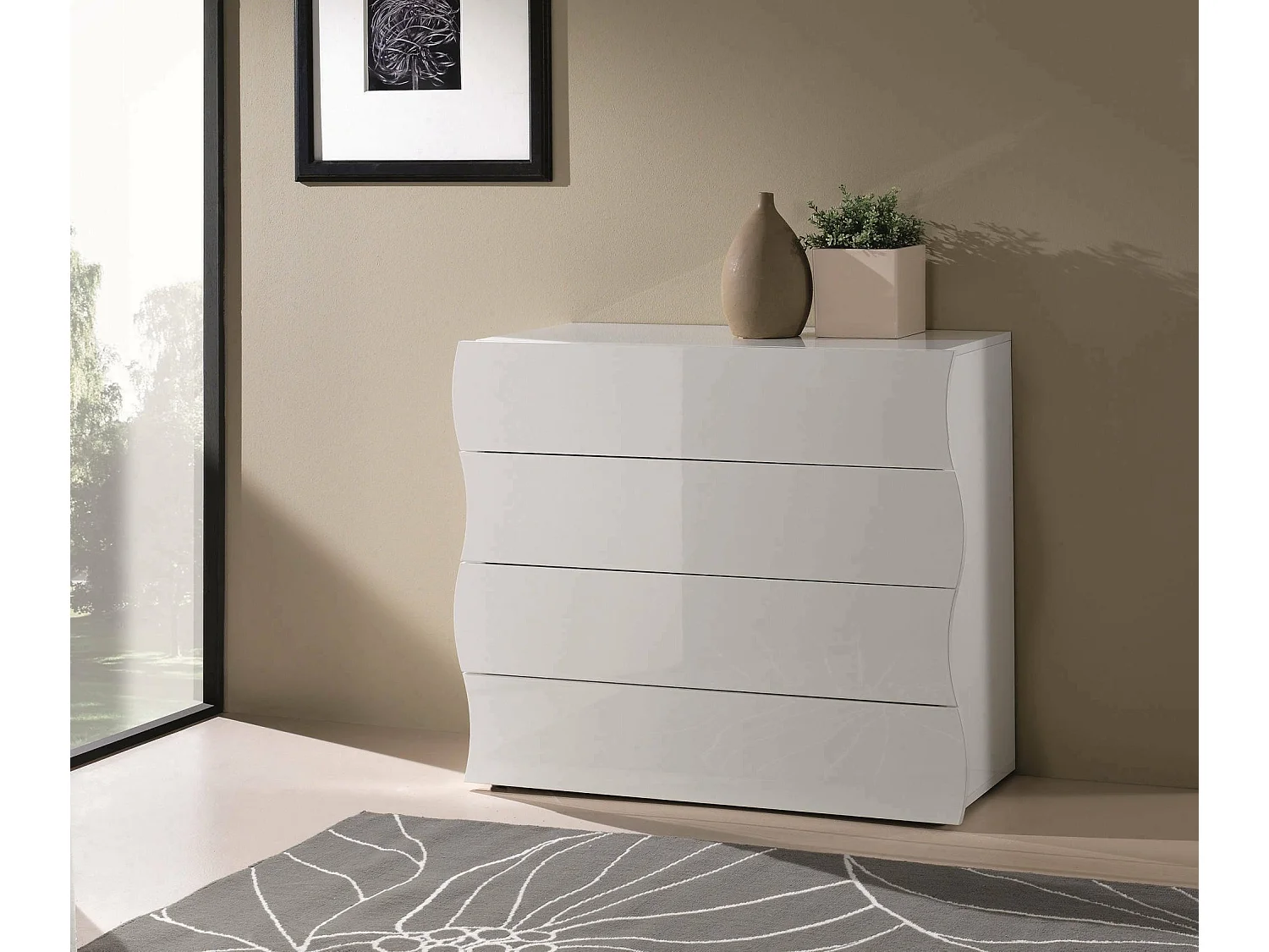 Commode Mattia, Commode 4 tiroirs, Commode de chambre, 100% Made in Italy, 98x40h82 cm, Blanc brillant