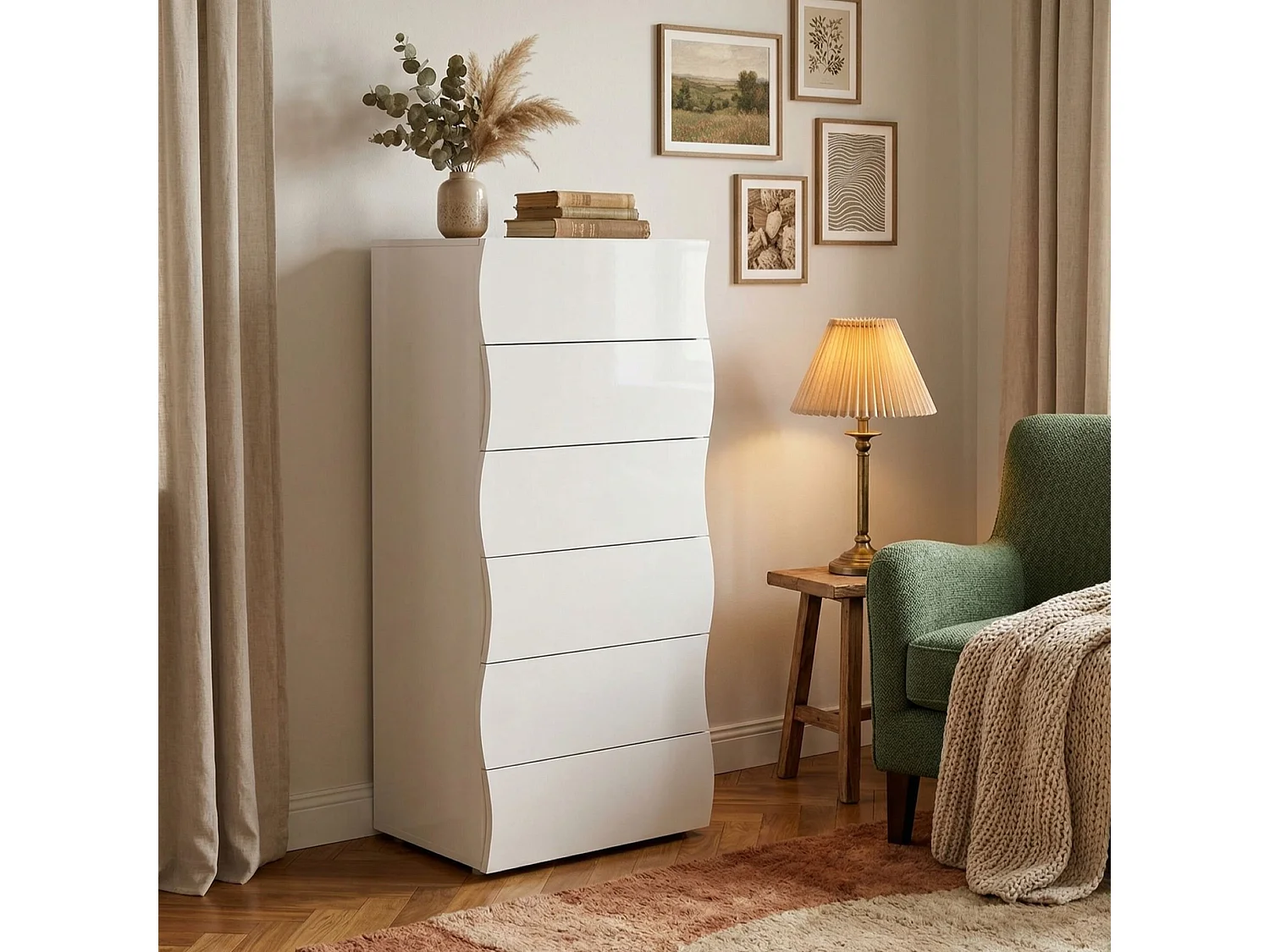 Commode Matteo, Commode 6 tiroirs, Commode de chambre, 100% Made in Italy, 50x40h122 cm, Blanc brillant