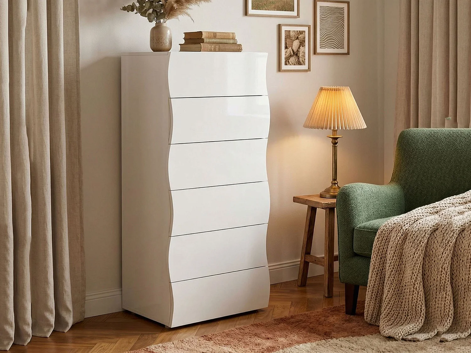 Commode Matteo, Commode 6 tiroirs, Commode de chambre, 100% Made in Italy, 50x40h122 cm, Blanc brillant