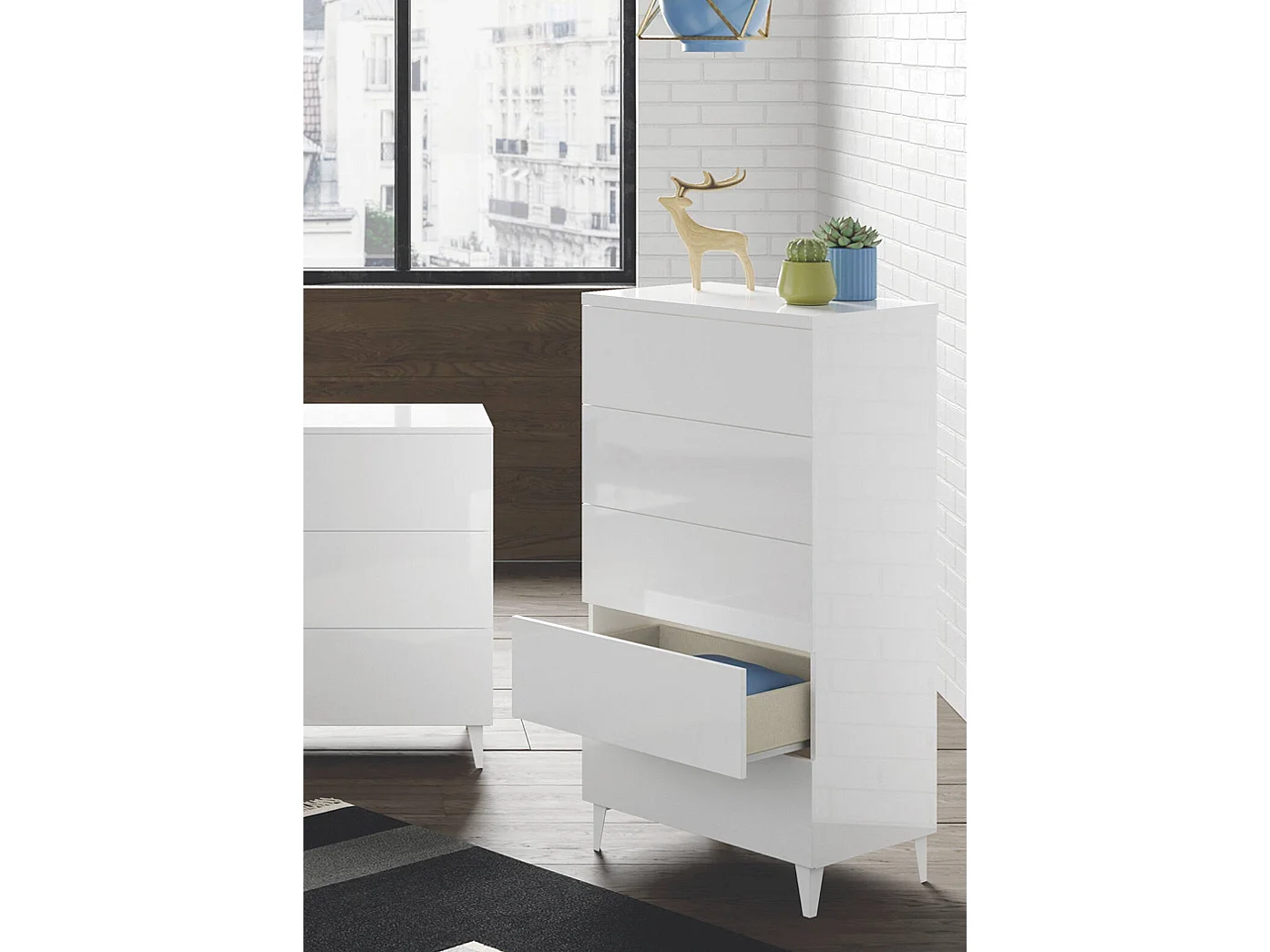 Dmora Ladekast Roseville 40x61x117h cm Wit, 5 Laden: Schuifopening en -sluiting