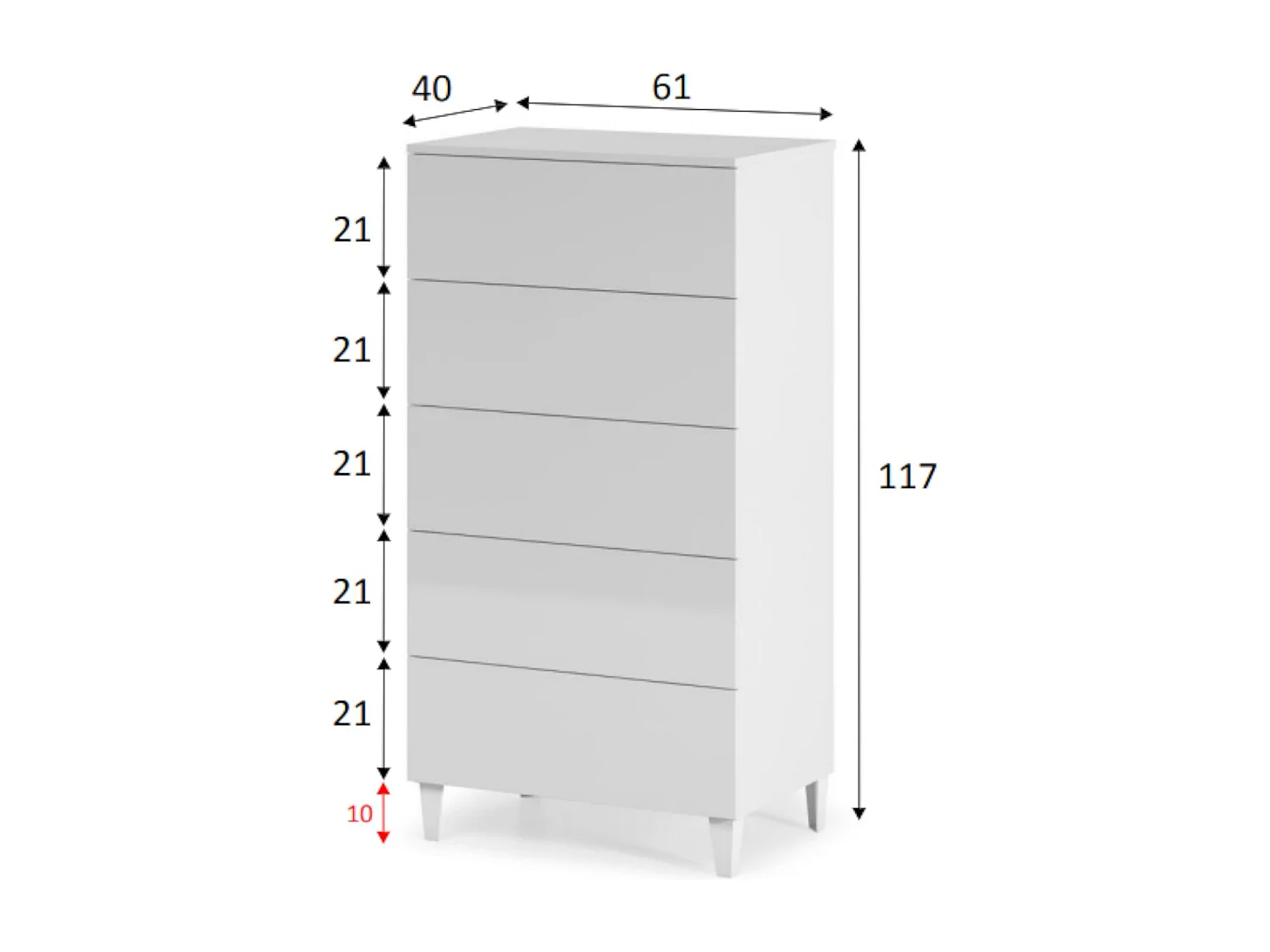 Dmora Ladekast Roseville 40x61x117h cm Wit, 5 Laden: Schuifopening en -sluiting