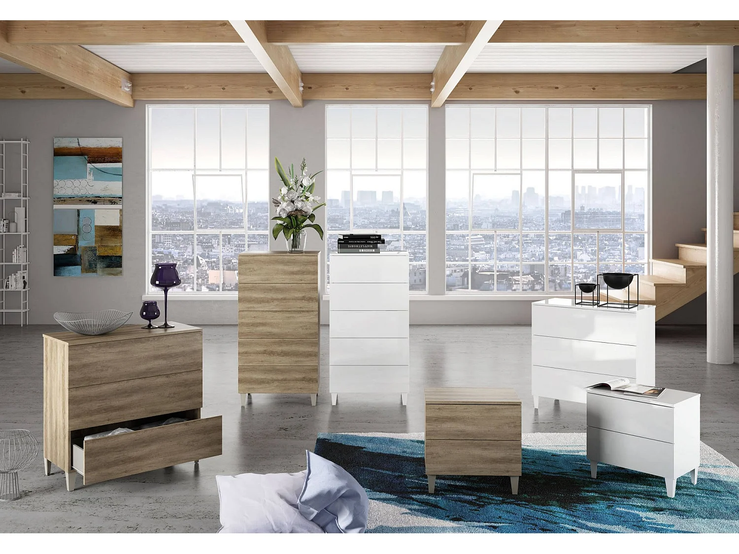 Dmora Ladekast Roseville 40x61x117h cm Wit, 5 Laden: Schuifopening en -sluiting